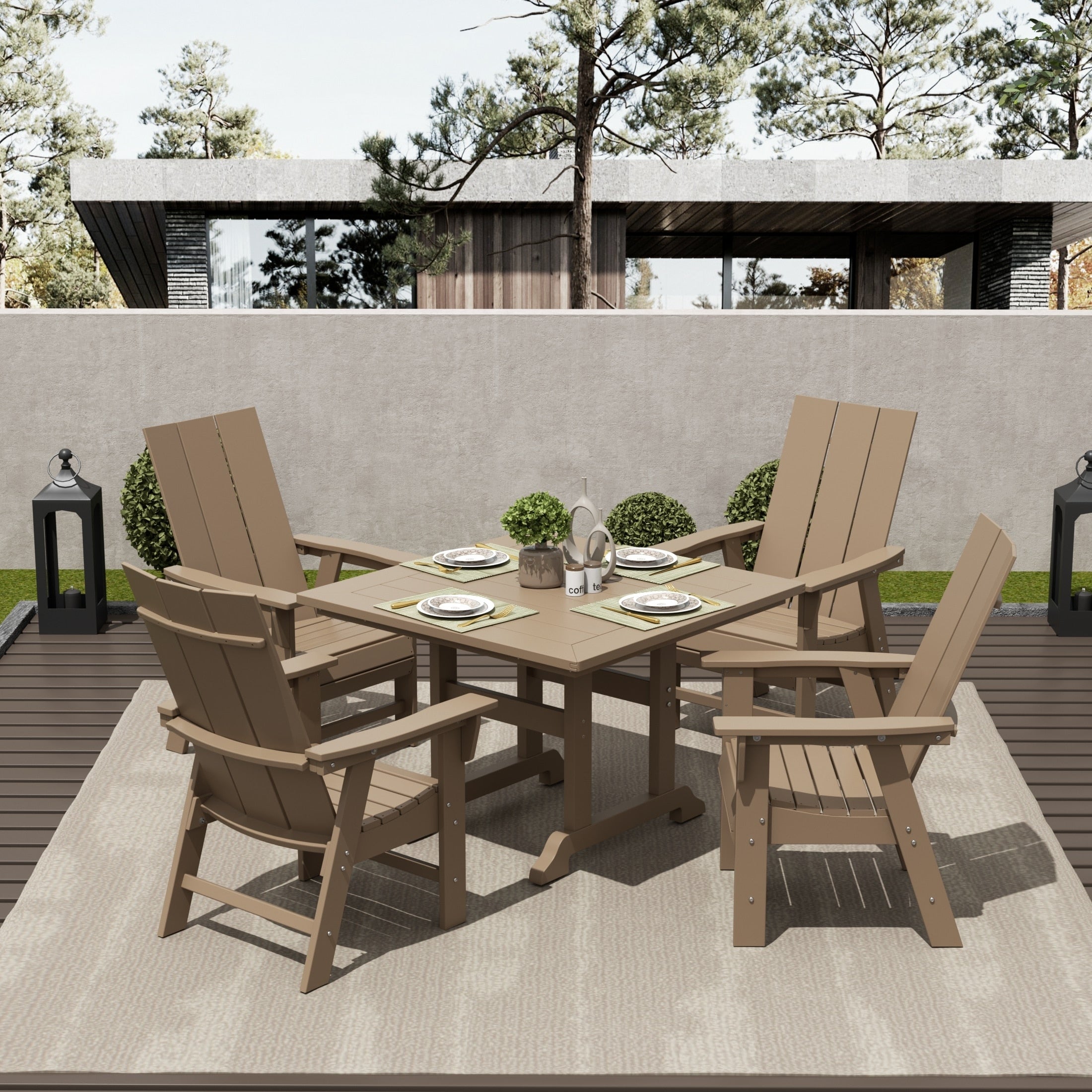 Ensemble de salle à manger d'extérieur Polytrends Shoreside, 5 pièces, carré, en polyester, respectueux de l'environnement, toutes saisons, avec fauteuils