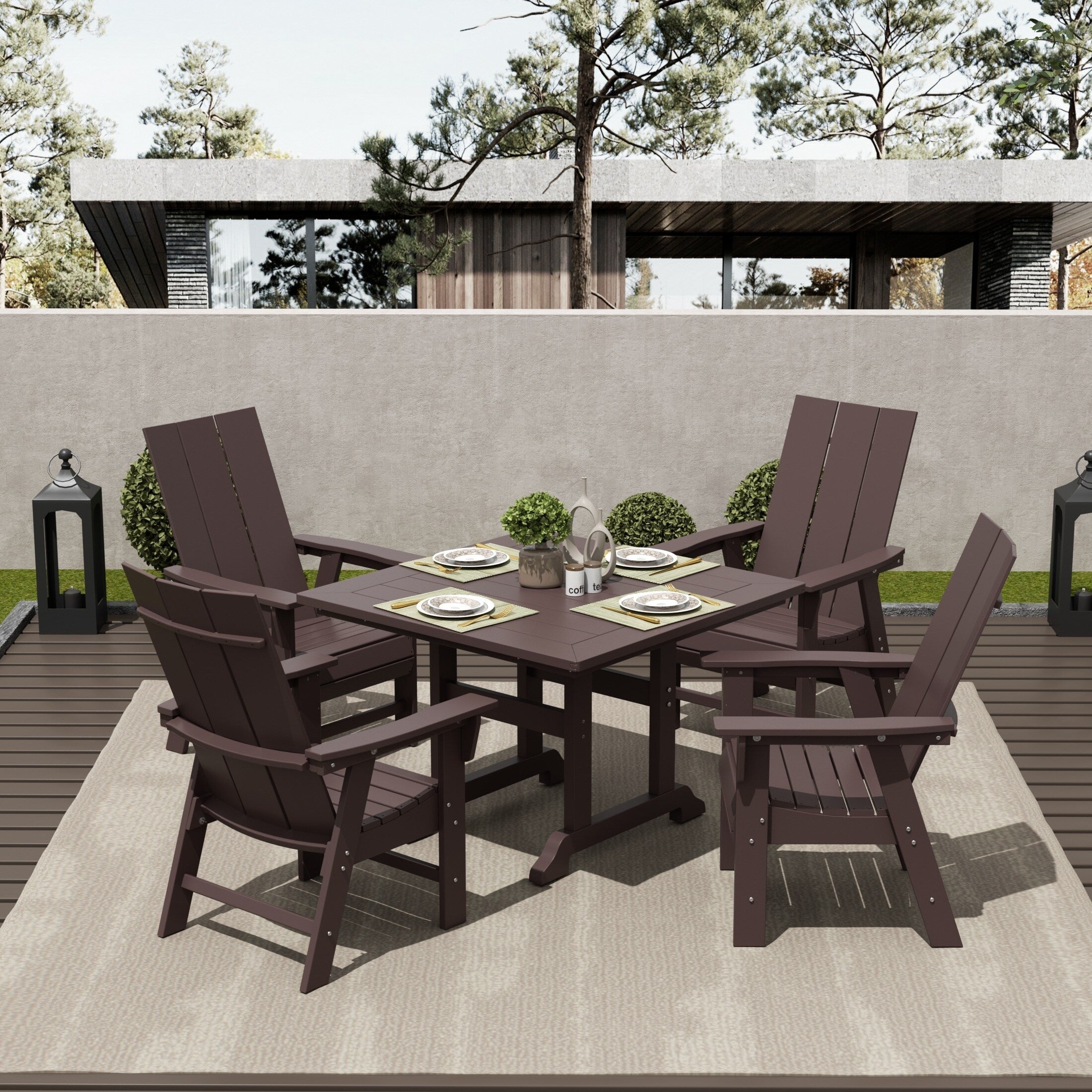 Ensemble de salle à manger d'extérieur Polytrends Shoreside, 5 pièces, carré, en polyester, respectueux de l'environnement, toutes saisons, avec fauteuils