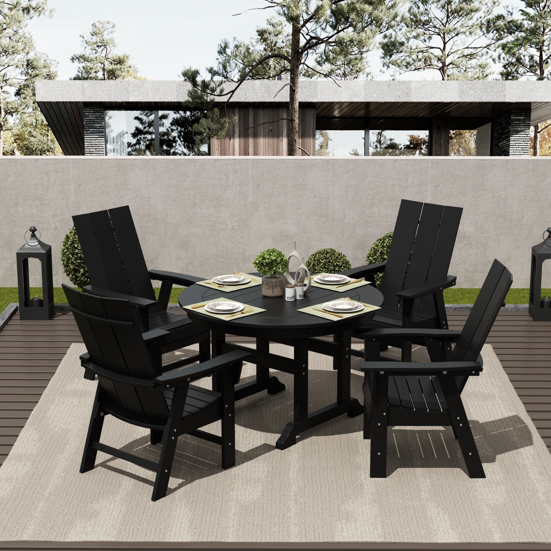 Ensemble de salle à manger d'extérieur Polytrends Shoreside, 5 pièces, carré, en polyester, respectueux de l'environnement, toutes saisons, avec fauteuils