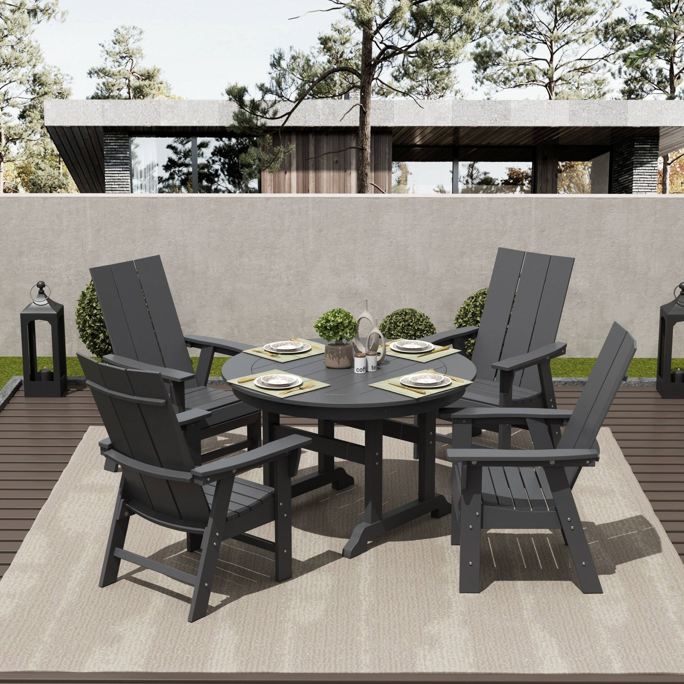 Ensemble de salle à manger d'extérieur Polytrends Shoreside, 5 pièces, carré, en polyester, respectueux de l'environnement, toutes saisons, avec fauteuils