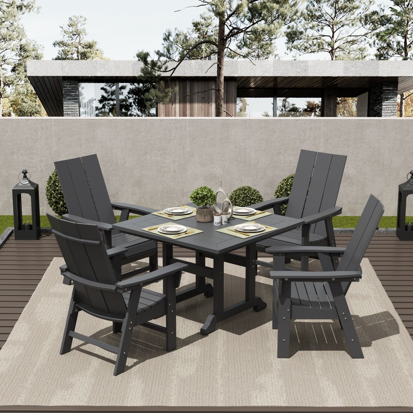 Ensemble de salle à manger d'extérieur Polytrends Shoreside, 5 pièces, carré, en polyester, respectueux de l'environnement, toutes saisons, avec fauteuils