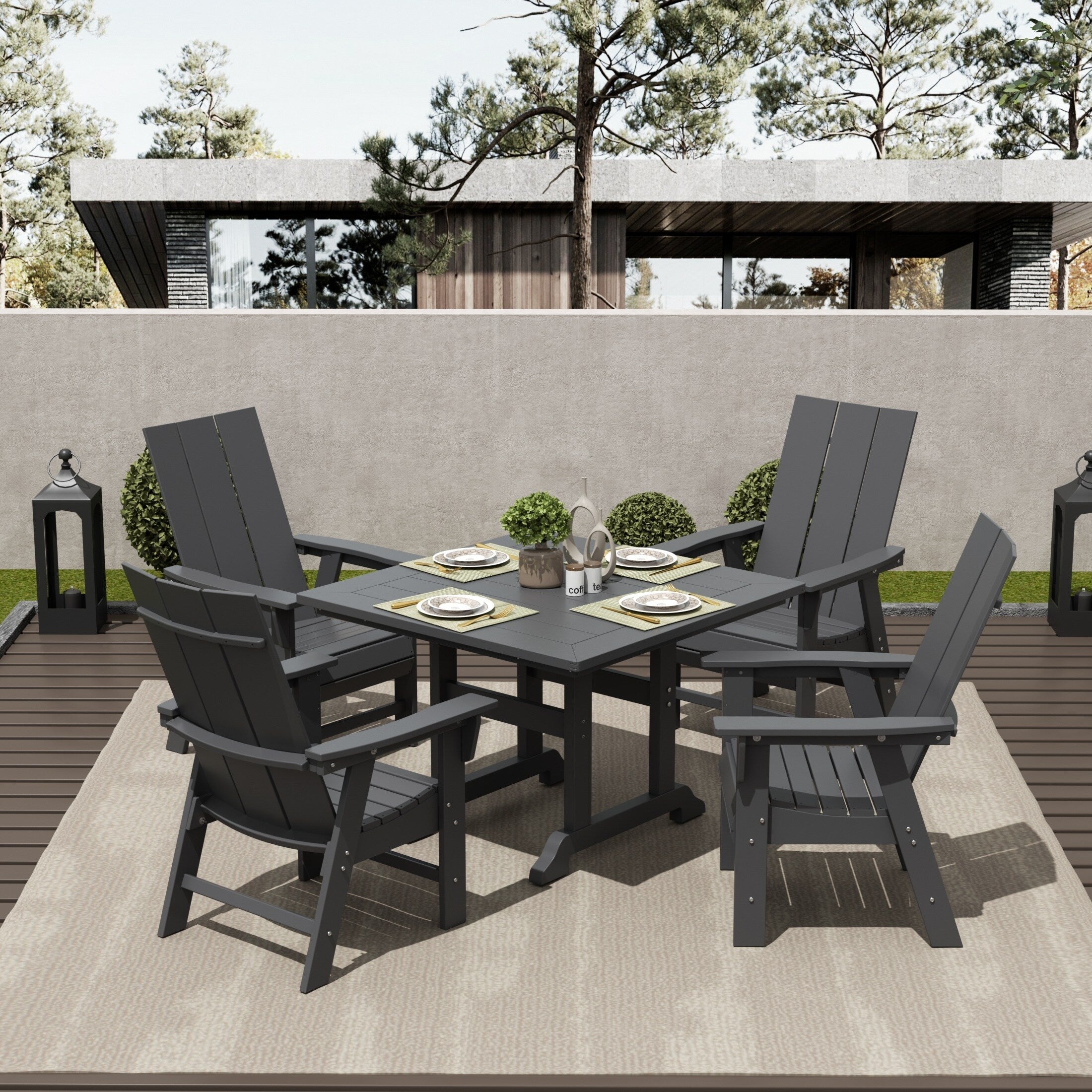Ensemble de salle à manger d'extérieur Polytrends Shoreside, 5 pièces, carré, en polyester, respectueux de l'environnement, toutes saisons, avec fauteuils