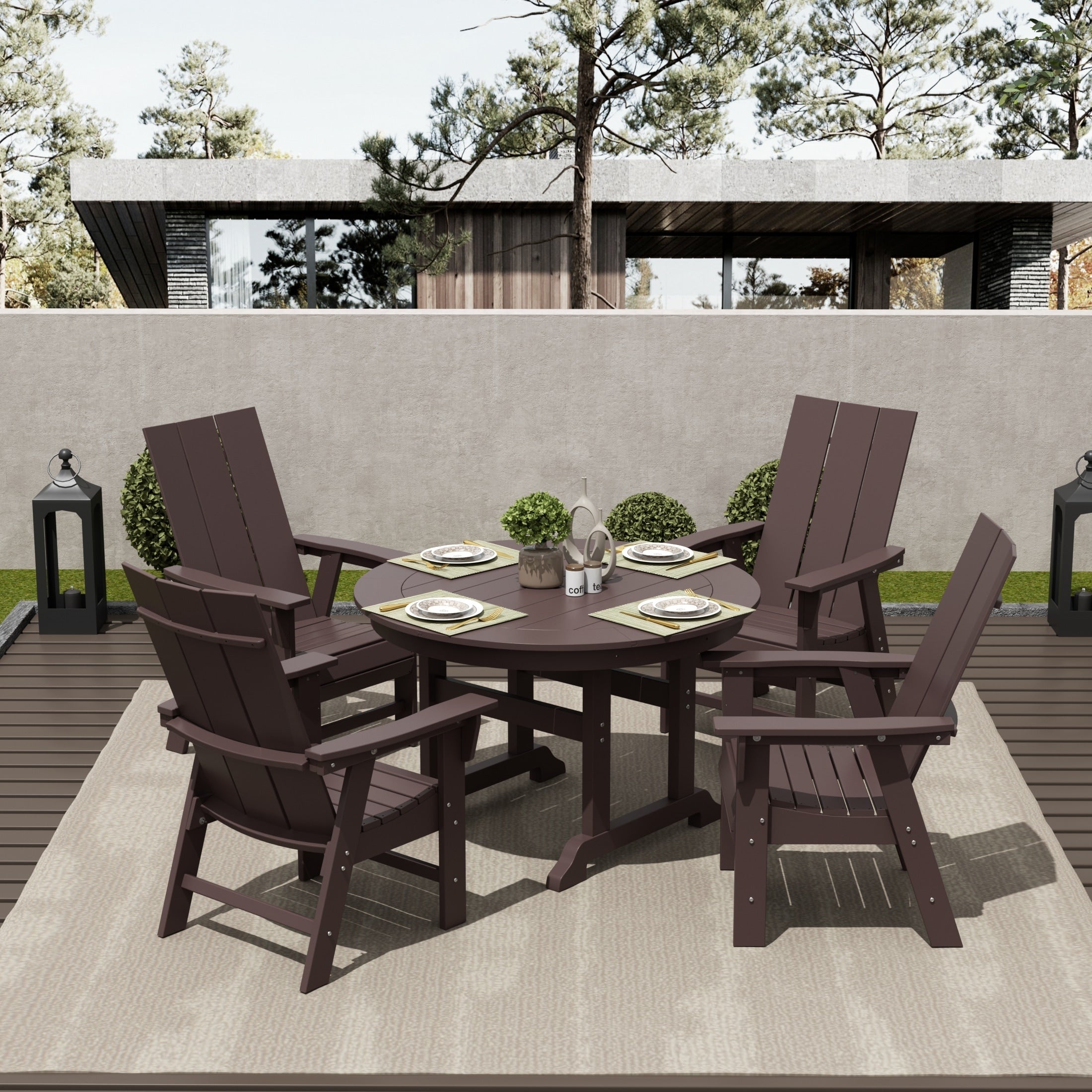 Ensemble de salle à manger d'extérieur Polytrends Shoreside, 5 pièces, carré, en polyester, respectueux de l'environnement, toutes saisons, avec fauteuils