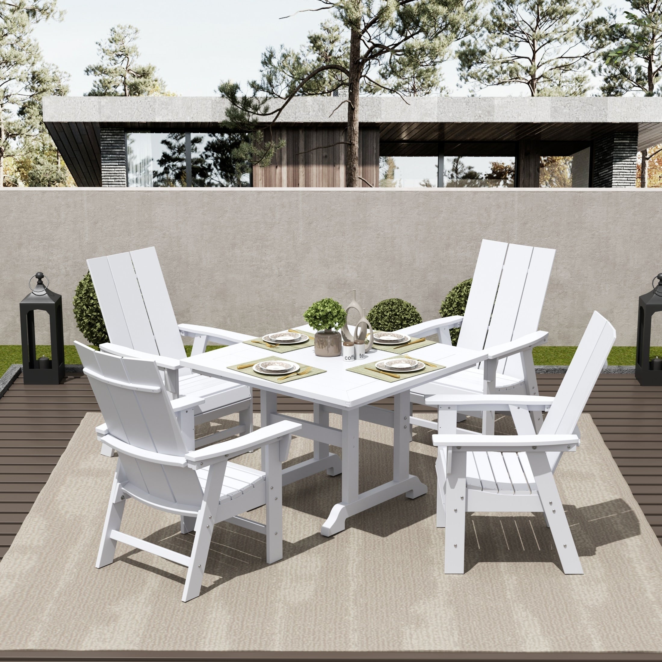 Ensemble de salle à manger d'extérieur Polytrends Shoreside, 5 pièces, carré, en polyester, respectueux de l'environnement, toutes saisons, avec fauteuils