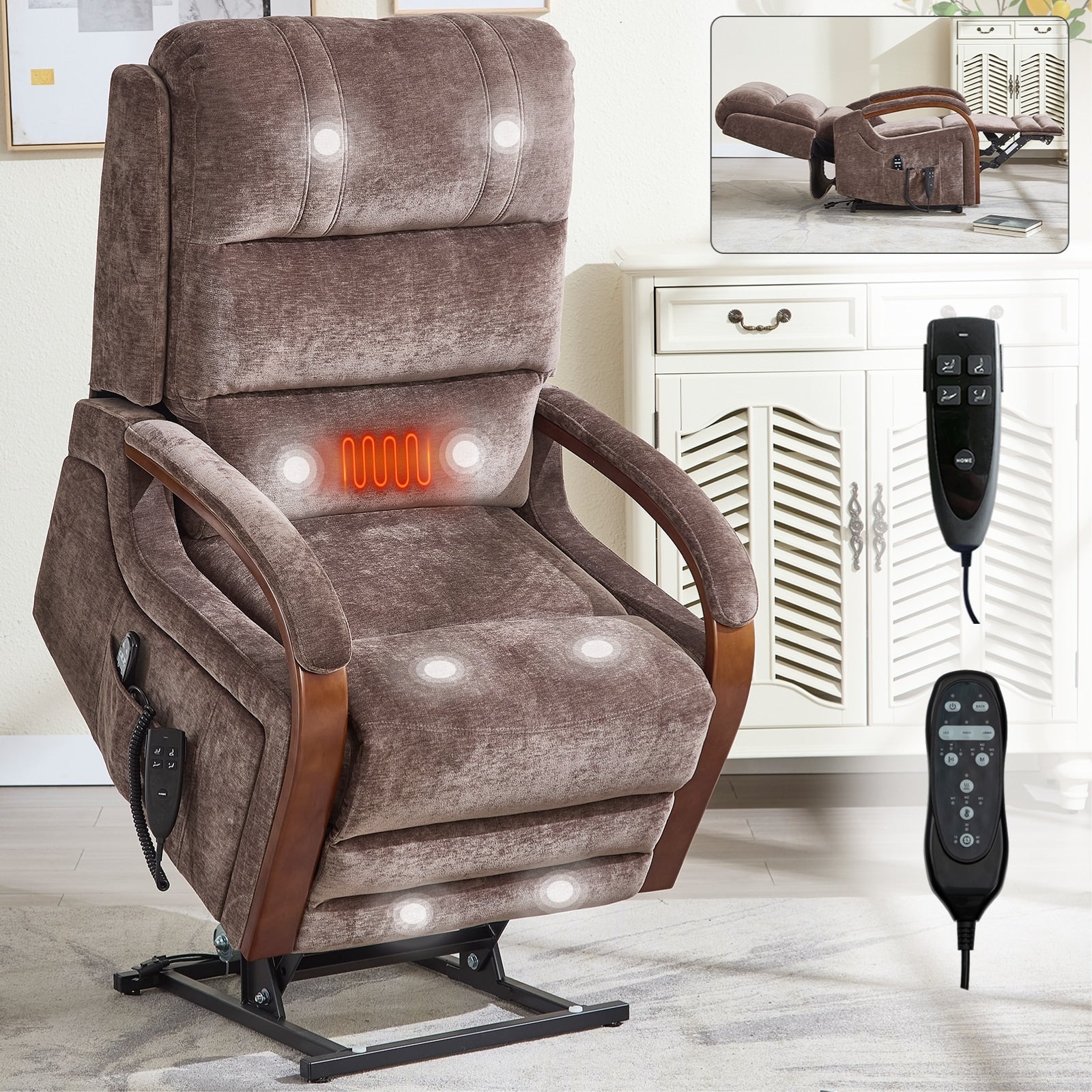 Fauteuil inclinable électrique en chenille à double moteur, position infinie, jusqu'à 350 lb, avec massage thermique et mécanisme de mouvement robuste