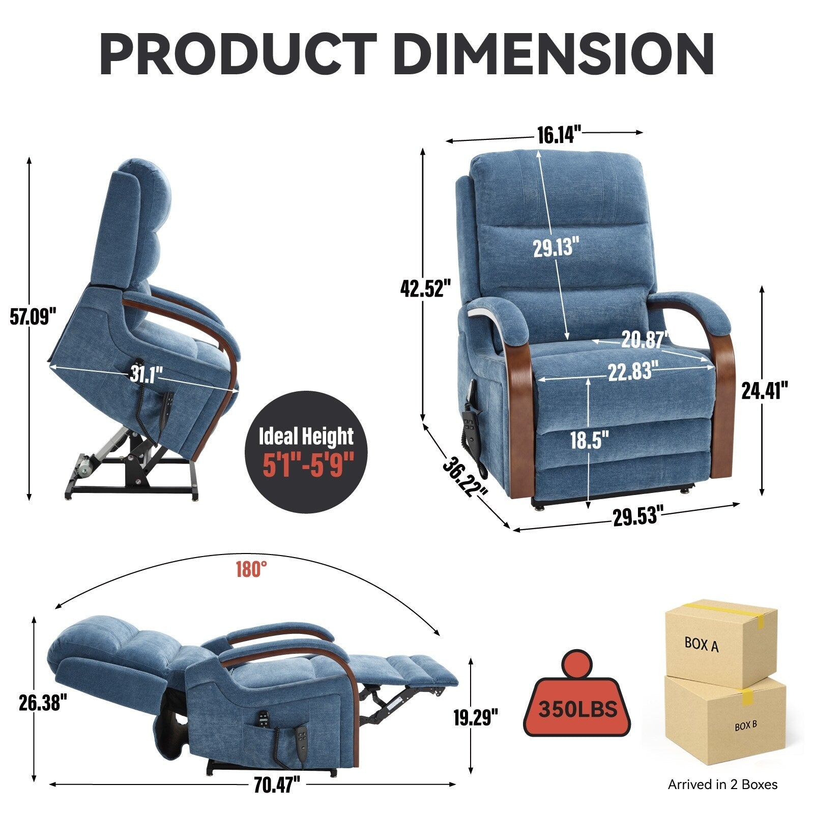 Fauteuil inclinable électrique en chenille à double moteur, position infinie, jusqu'à 350 lb, avec massage thermique et mécanisme de mouvement robuste