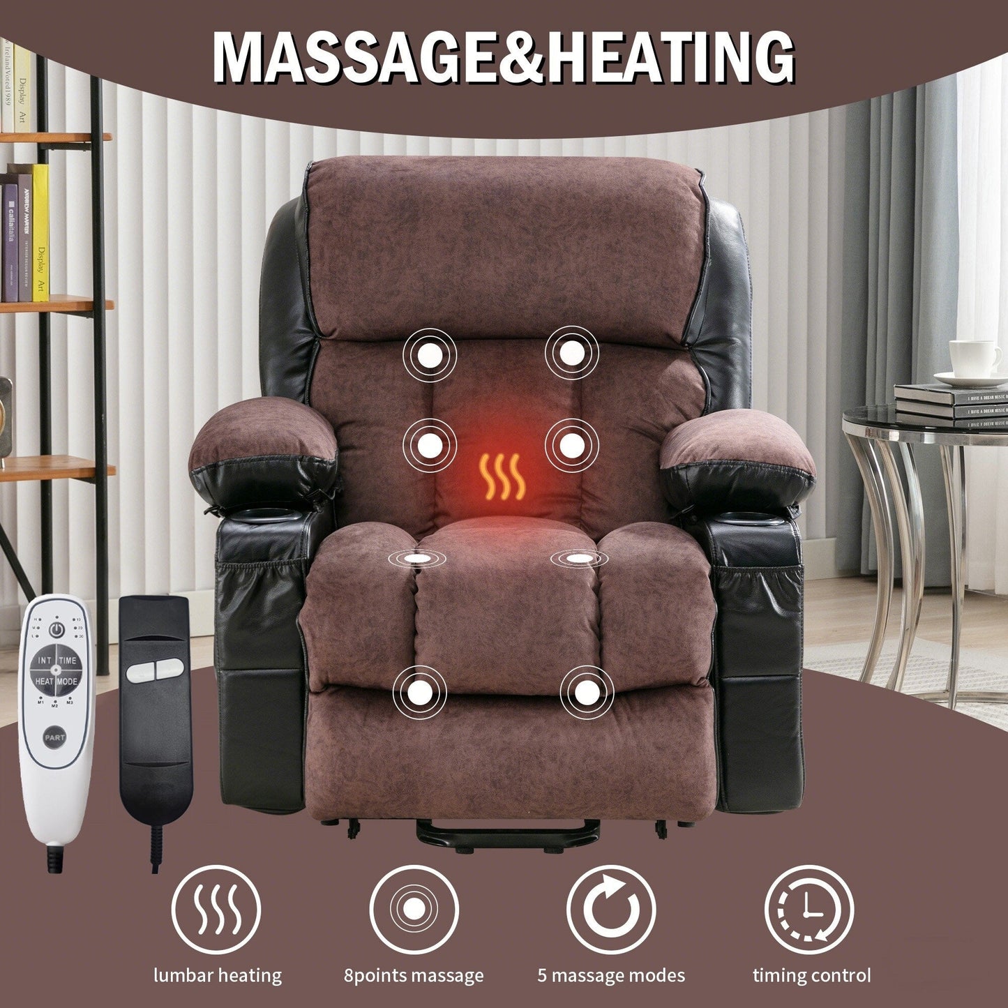 Fauteuil de massage électrique releveur pour personnes âgées, avec fonctions chauffantes et vibrantes, cuir polaire et port USB