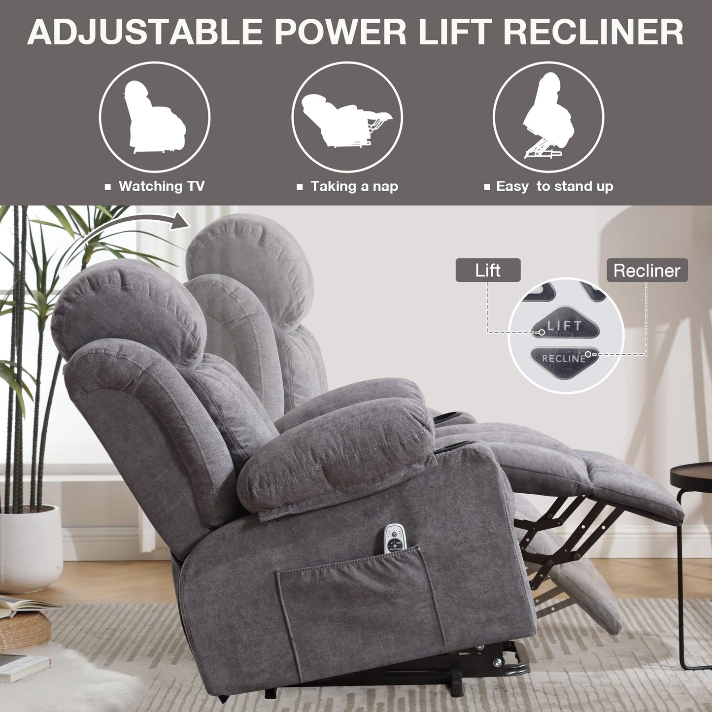 Fauteuils releveurs électriques, fauteuils inclinables, massage thermique, port USB, télécommande