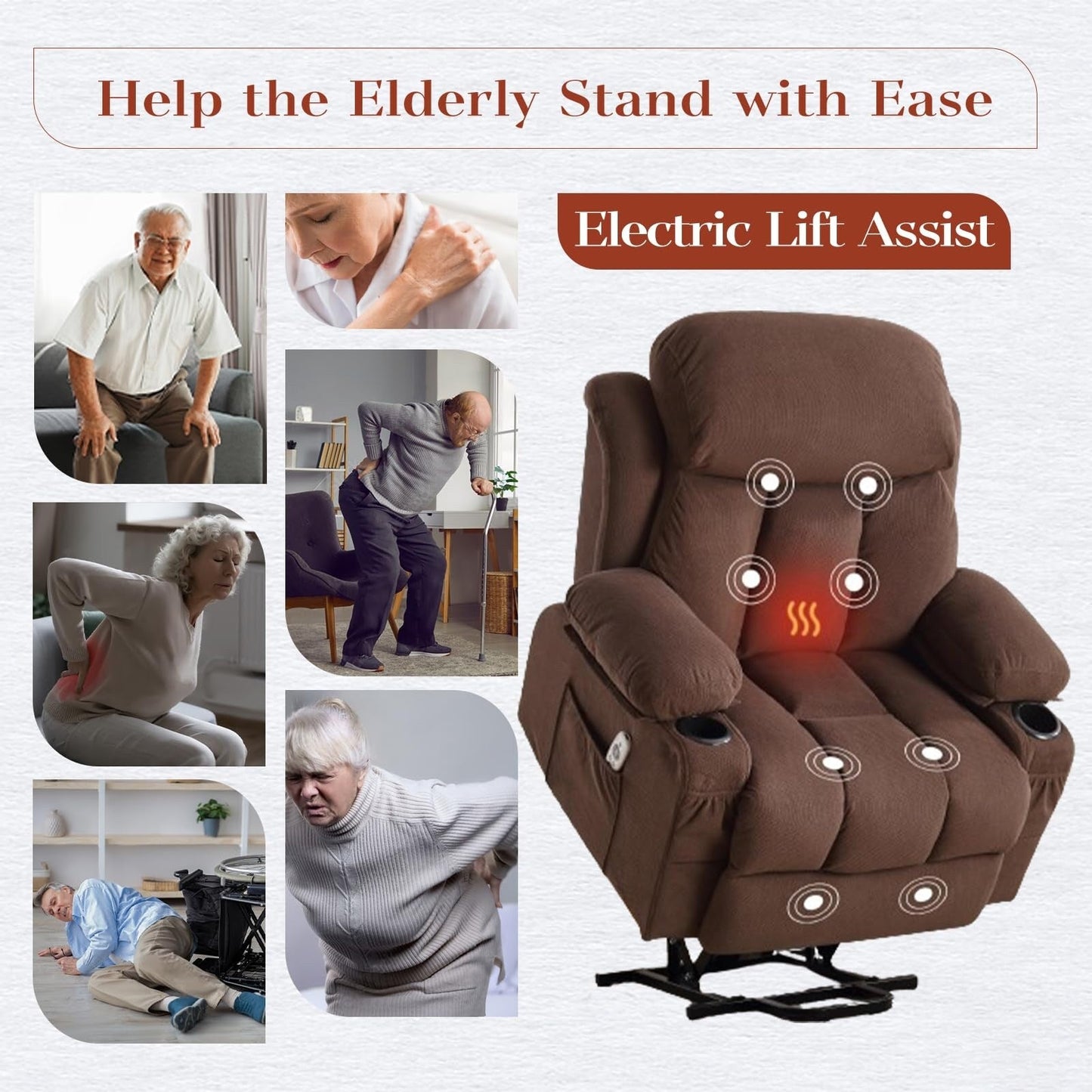 Fauteuils releveurs électriques, fauteuils inclinables, massage thermique, port USB, télécommande