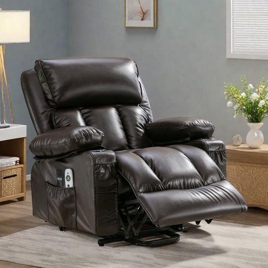 Fauteuil inclinable en similicuir Power Lift avec massage, chauffage, port USB et deux poches de rangement