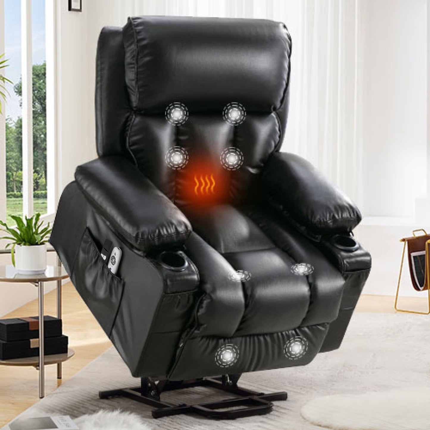 Fauteuil inclinable en similicuir avec relevage électrique, massage, chauffage et port USB
