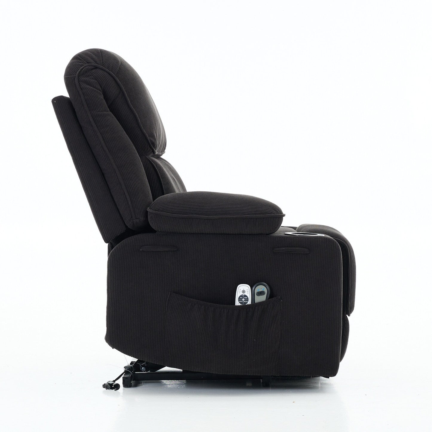 Fauteuil inclinable électrique avec releveur - Télécommande avec massage thermique, cuir synthétique, poches latérales - Fauteuil d'assistance à la mobilité pour personnes âgées