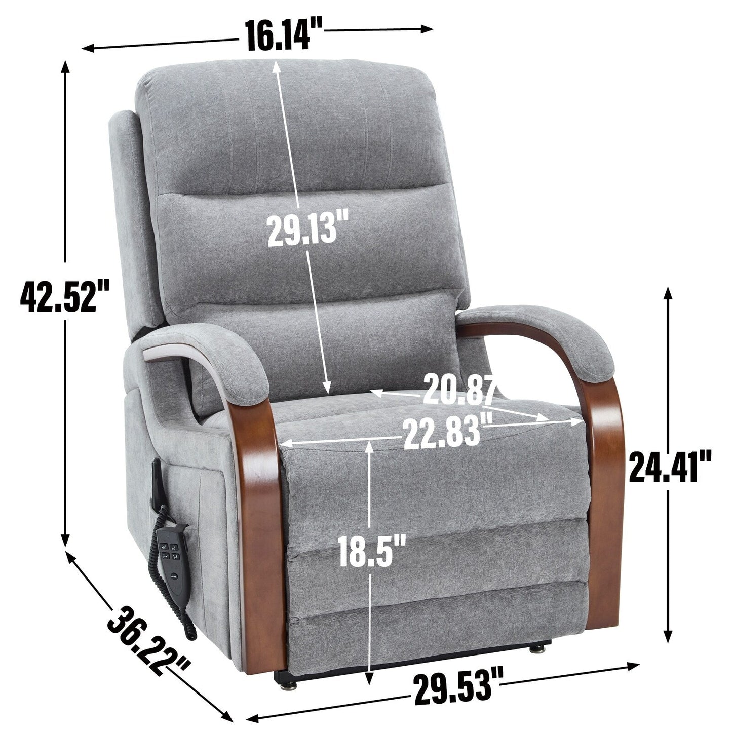 Fauteuil inclinable électrique à double moteur, positions infinies, avec accoudoirs en bois massif, massage thermique et mécanisme de mouvement robuste