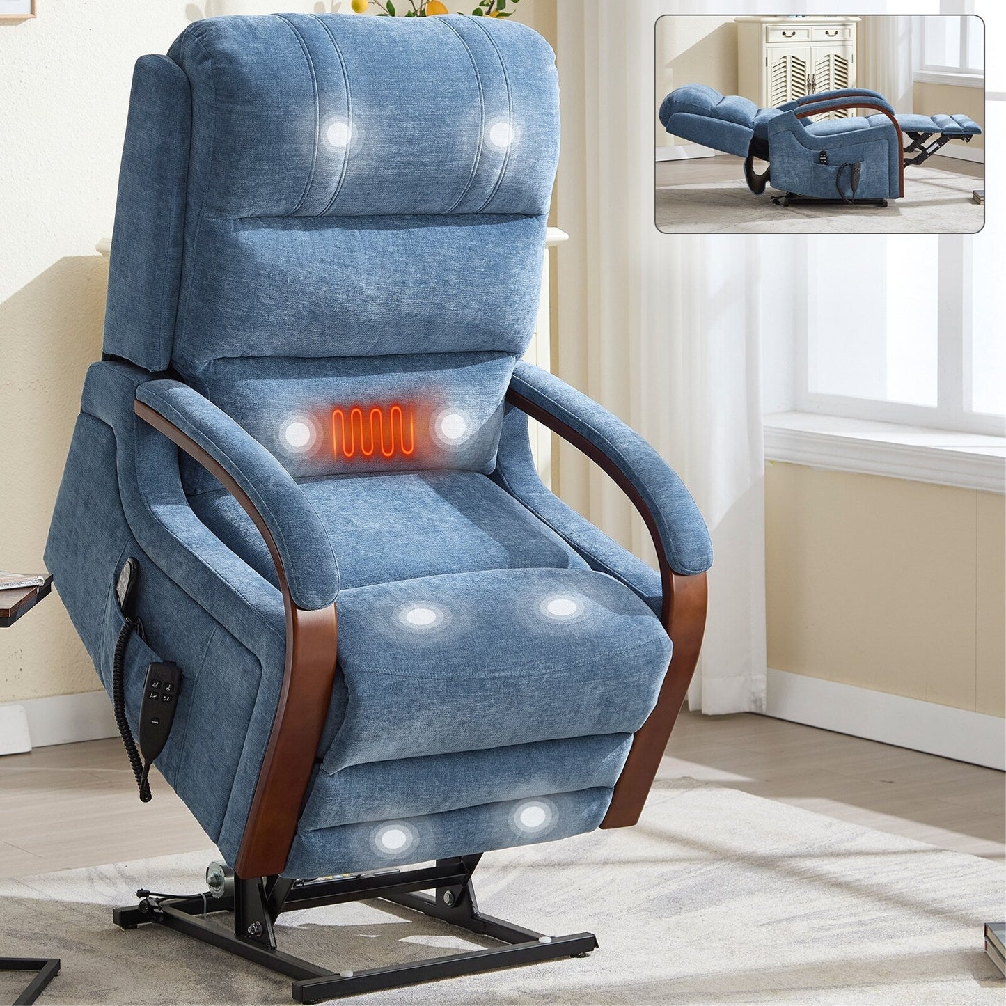 Fauteuil inclinable électrique à double moteur, positions infinies, avec accoudoirs en bois massif, massage thermique et mécanisme de mouvement robuste