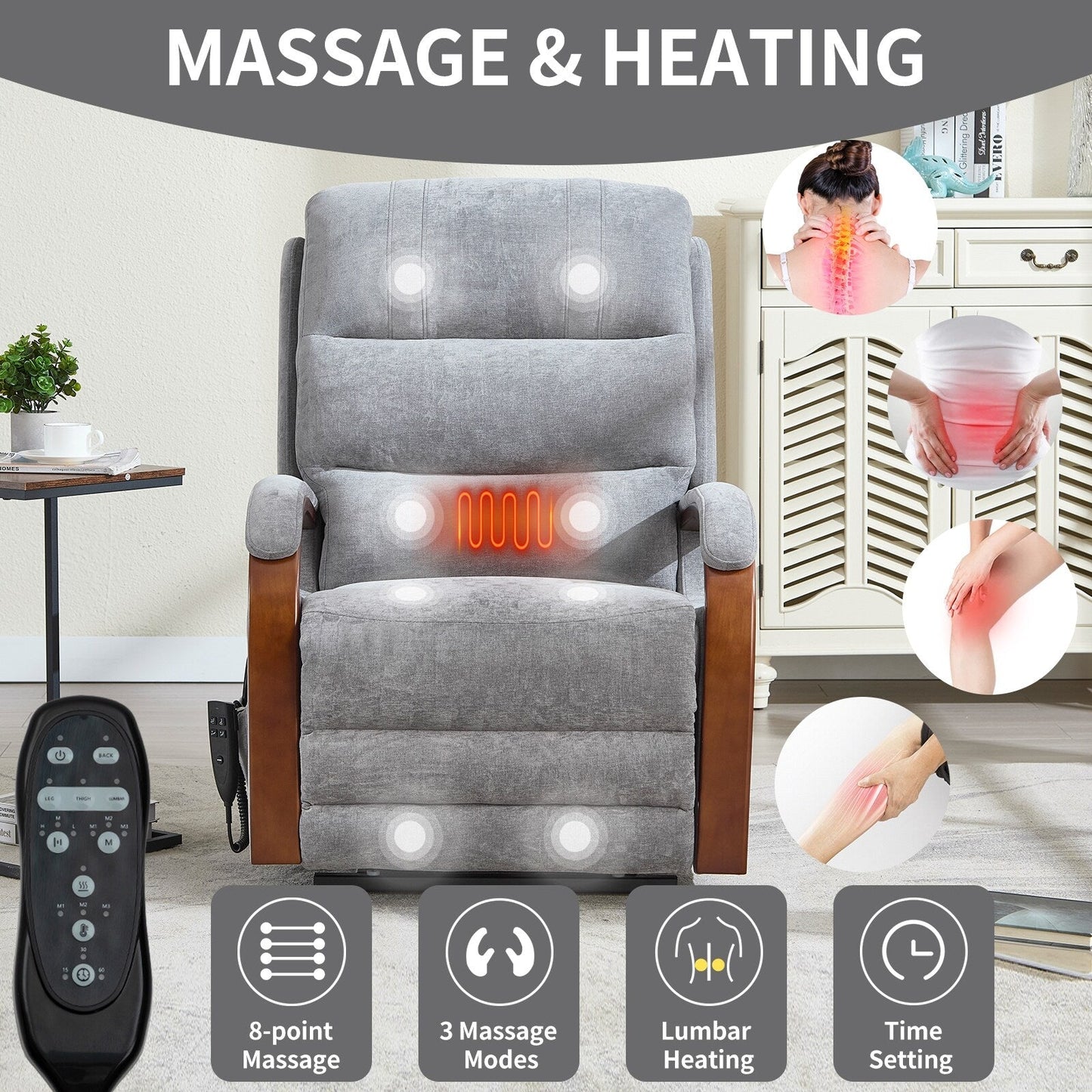 Fauteuil inclinable électrique à double moteur, positions infinies, avec accoudoirs en bois massif, massage thermique et mécanisme de mouvement robuste