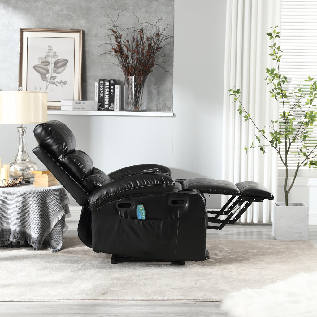 Fauteuil inclinable électrique avec releveur, massage et chauffage, avec siège large, poches latérales, porte-gobelets et minuterie pour personnes âgées