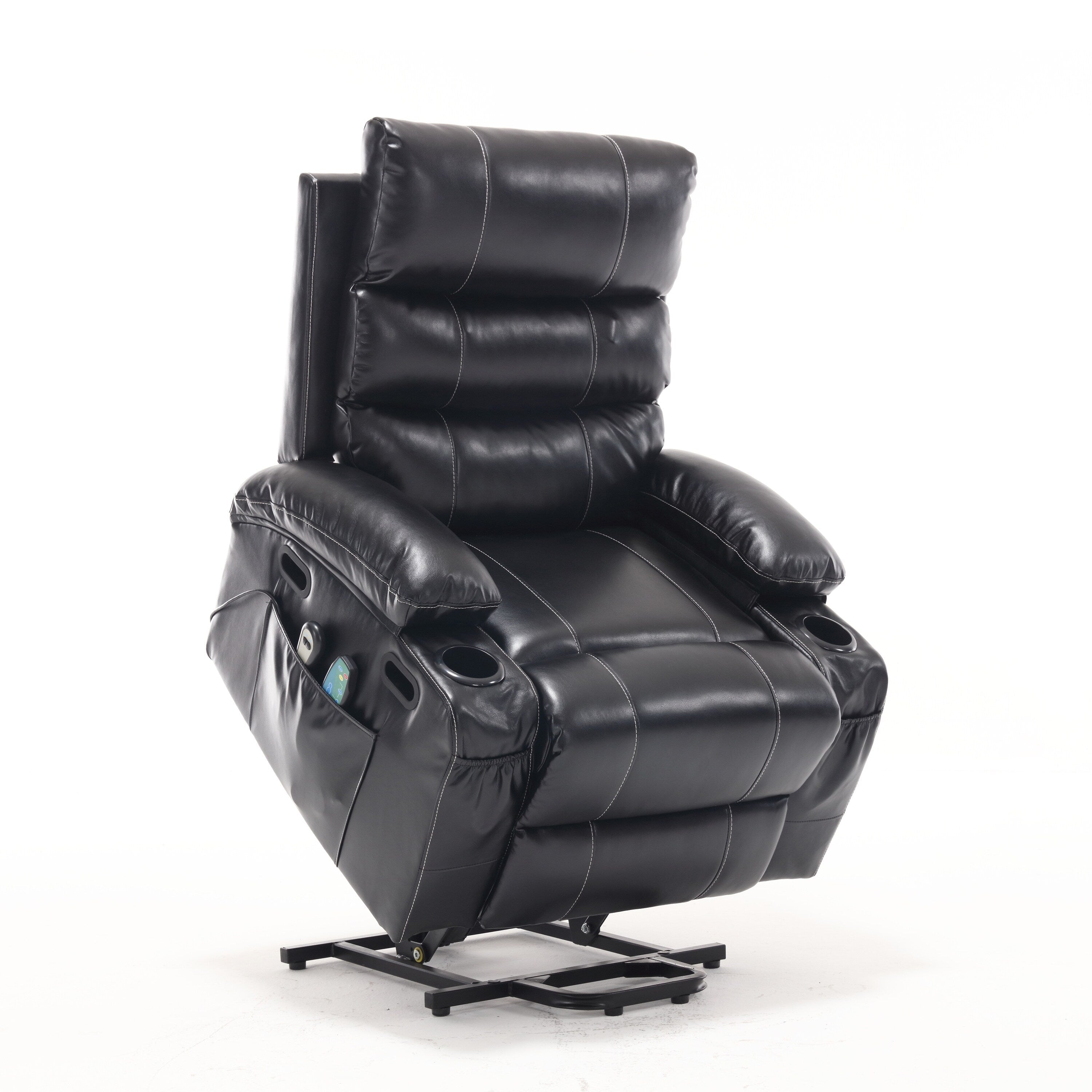 Fauteuil inclinable électrique avec releveur, massage et chauffage, avec siège large, poches latérales, porte-gobelets et minuterie pour personnes âgées