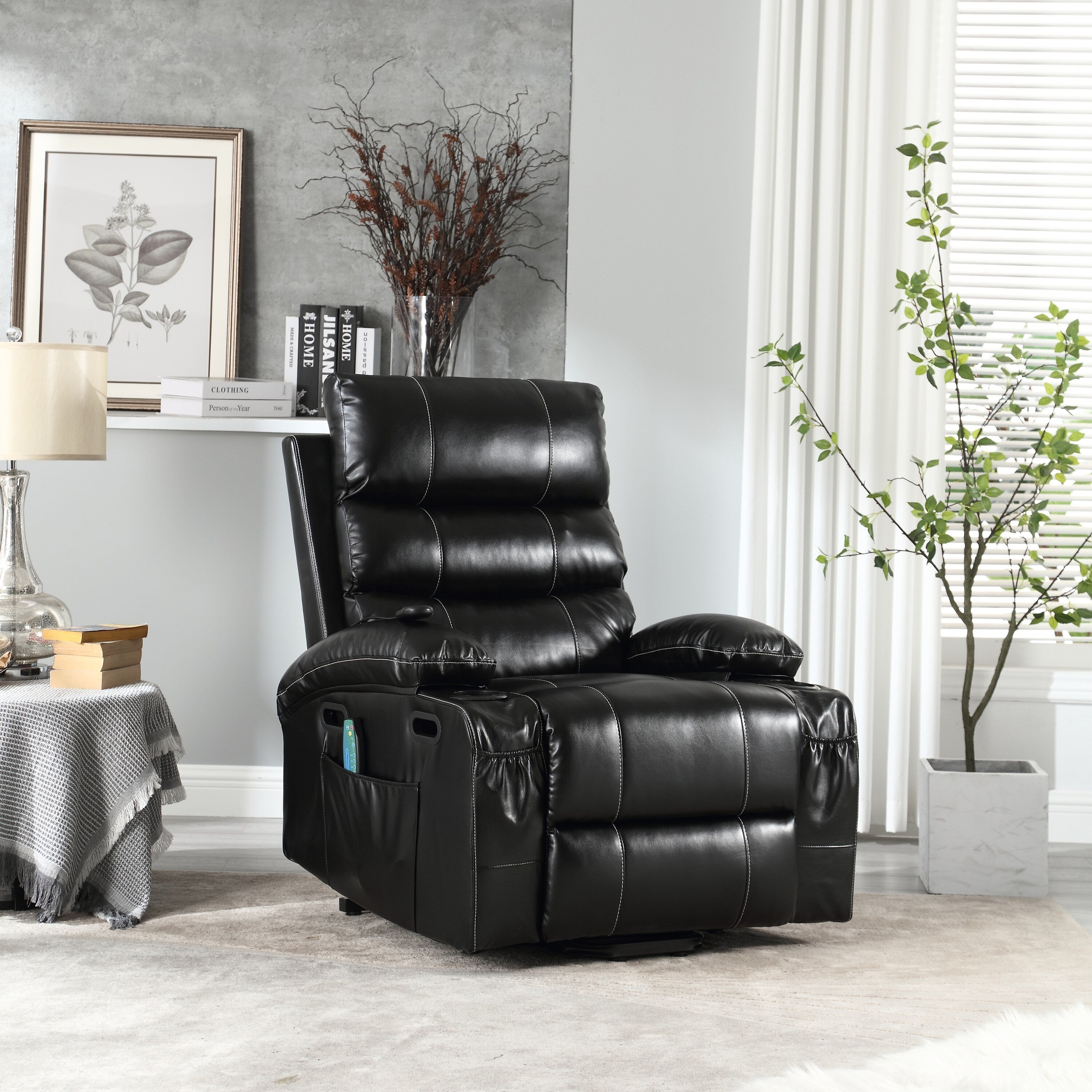 Fauteuil inclinable électrique avec releveur, massage et chauffage, avec siège large, poches latérales, porte-gobelets et minuterie pour personnes âgées