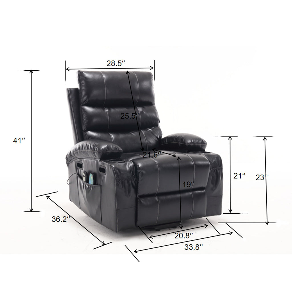 Fauteuil inclinable électrique avec releveur, massage et chauffage, avec siège large, poches latérales, porte-gobelets et minuterie pour personnes âgées