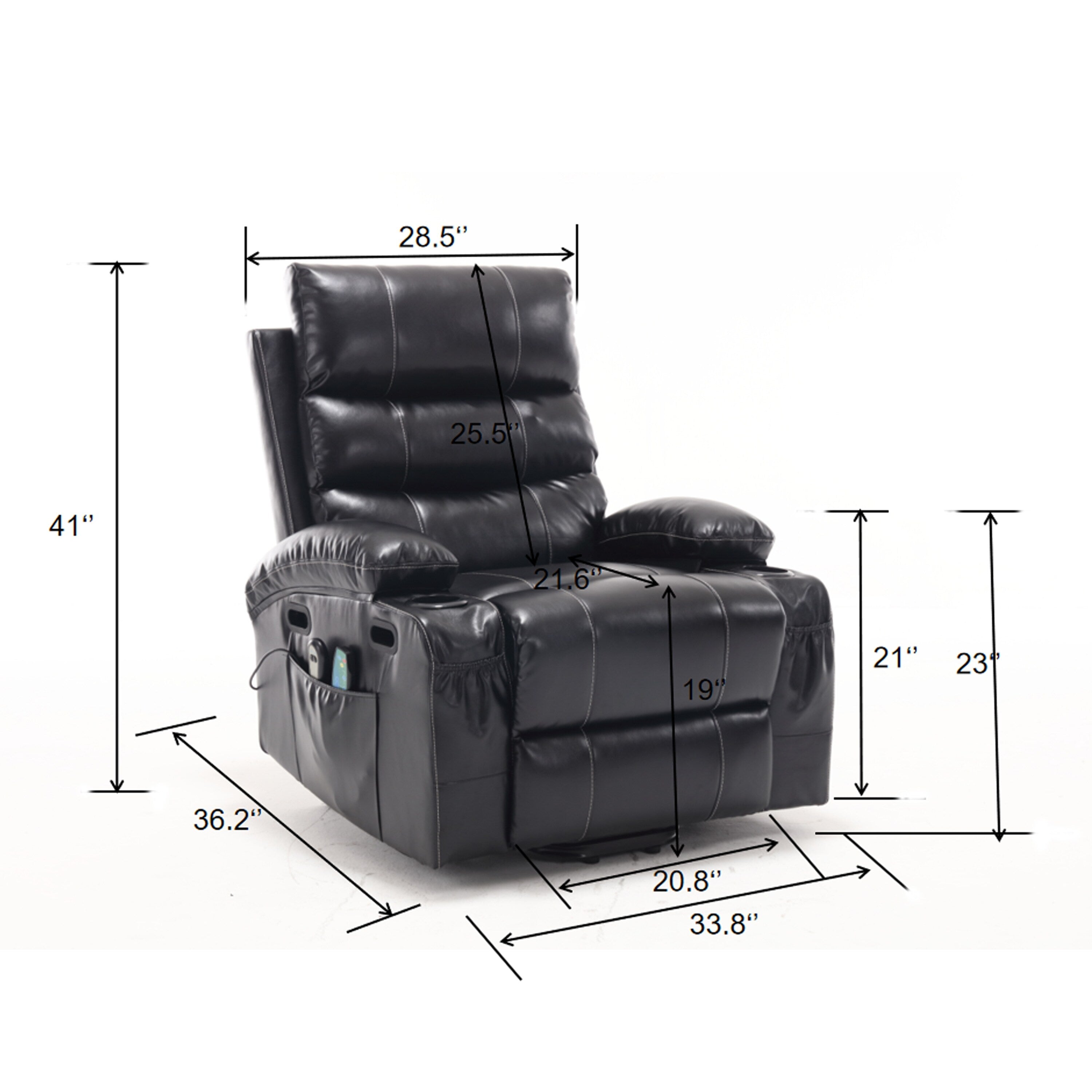 Fauteuil inclinable électrique avec releveur, massage et chauffage, avec siège large, poches latérales, porte-gobelets et minuterie pour personnes âgées