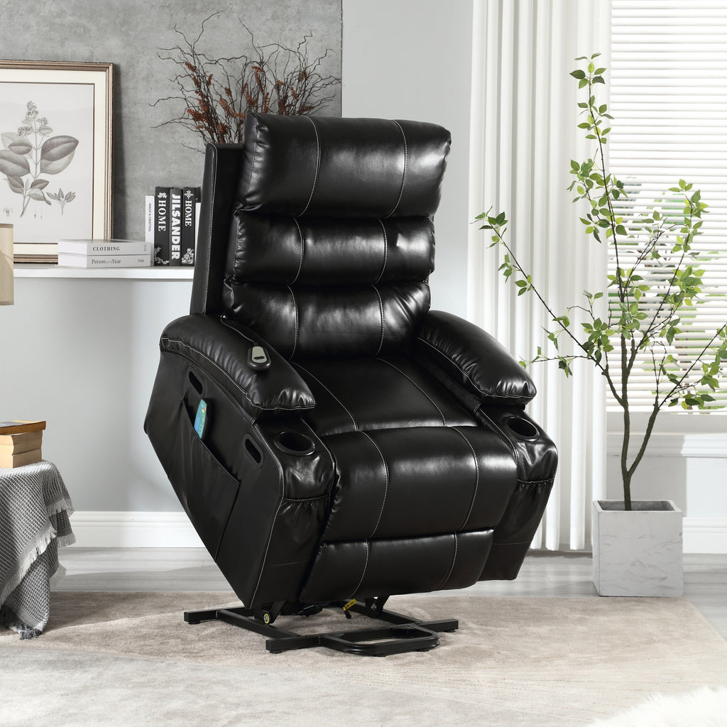 Fauteuil inclinable électrique avec releveur, massage et chauffage, avec siège large, poches latérales, porte-gobelets et minuterie pour personnes âgées