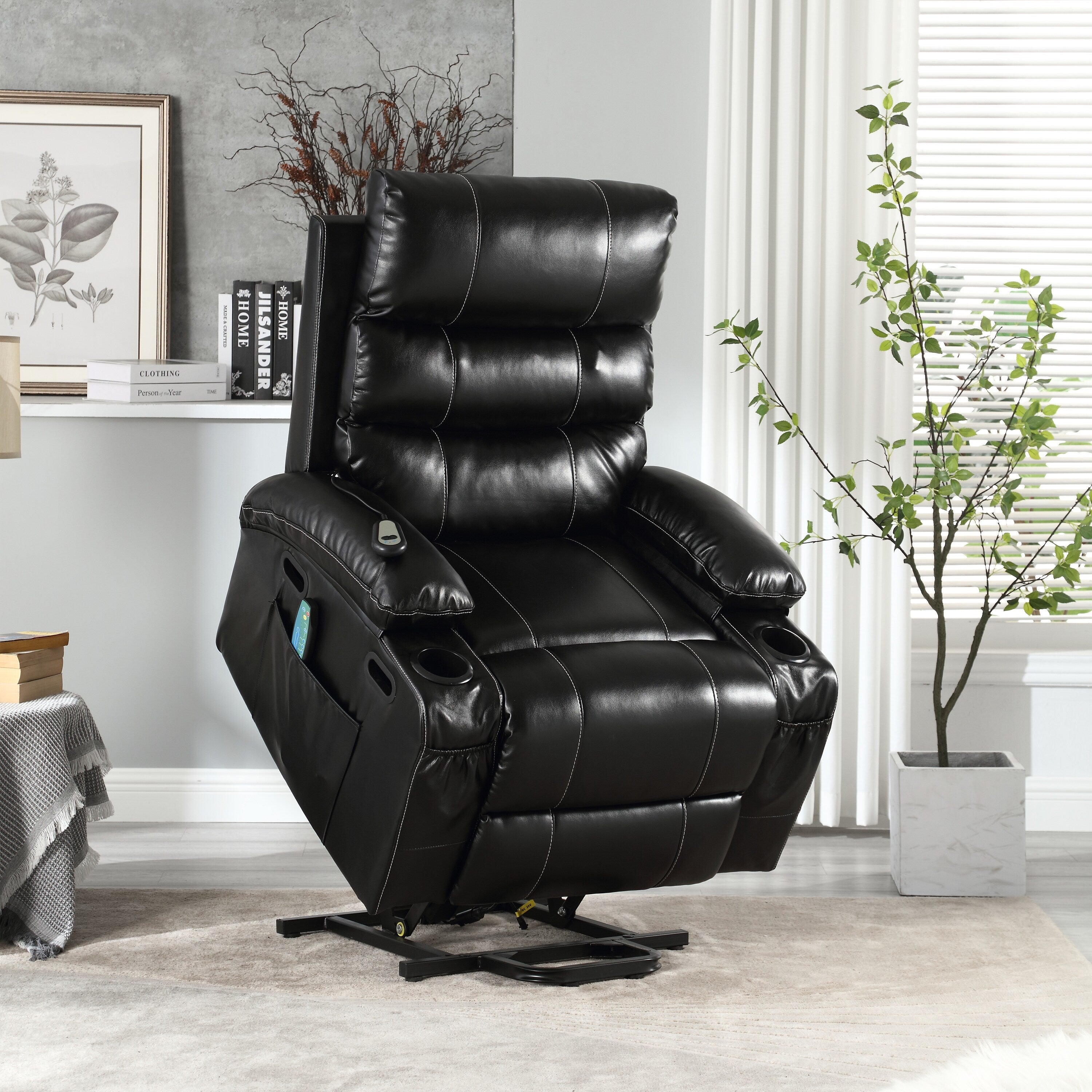 Fauteuil inclinable électrique avec releveur, massage et chauffage, avec siège large, poches latérales, porte-gobelets et minuterie pour personnes âgées