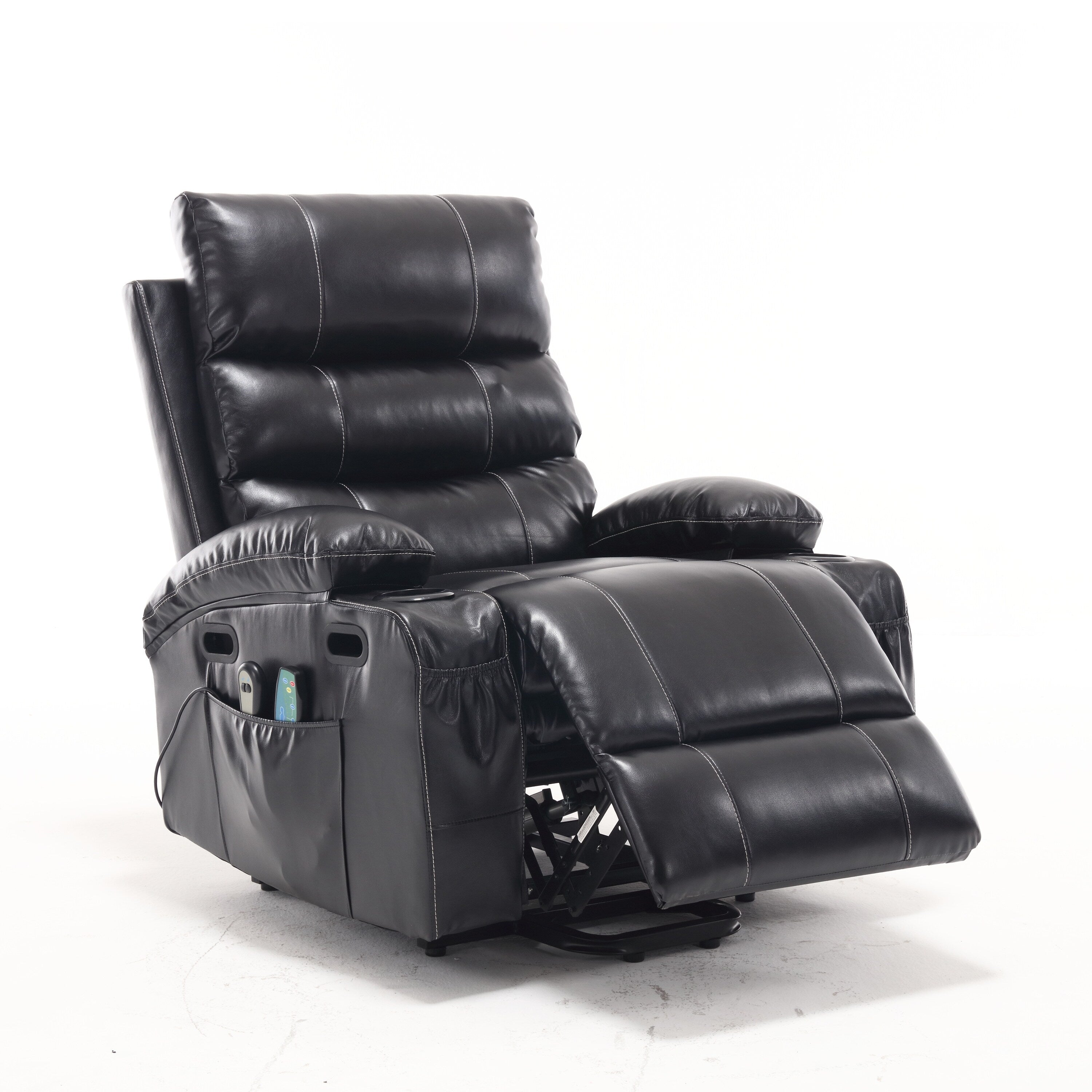 Fauteuil inclinable électrique avec releveur, massage et chauffage, avec siège large, poches latérales, porte-gobelets et minuterie pour personnes âgées