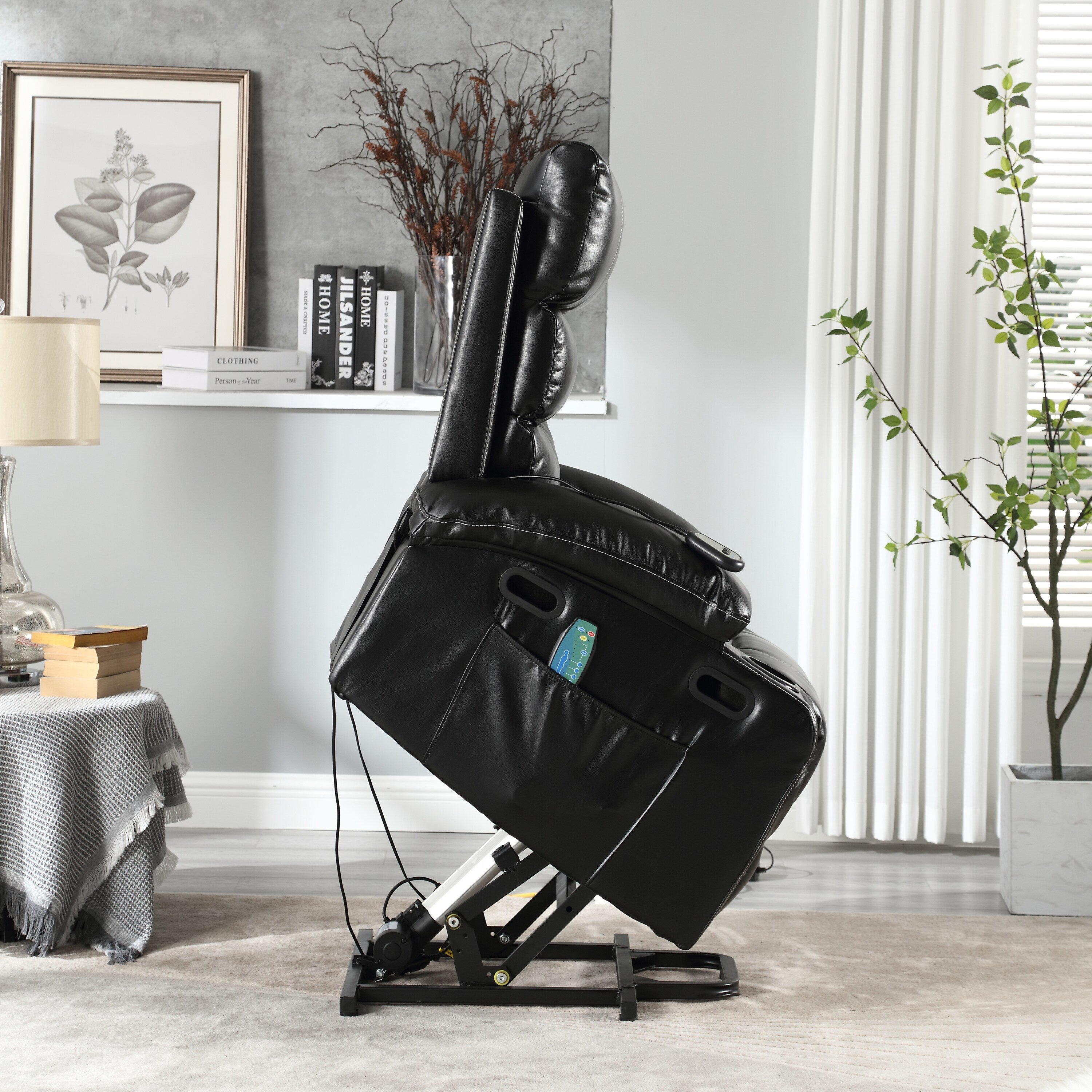 Fauteuil inclinable électrique avec releveur, massage et chauffage, avec siège large, poches latérales, porte-gobelets et minuterie pour personnes âgées