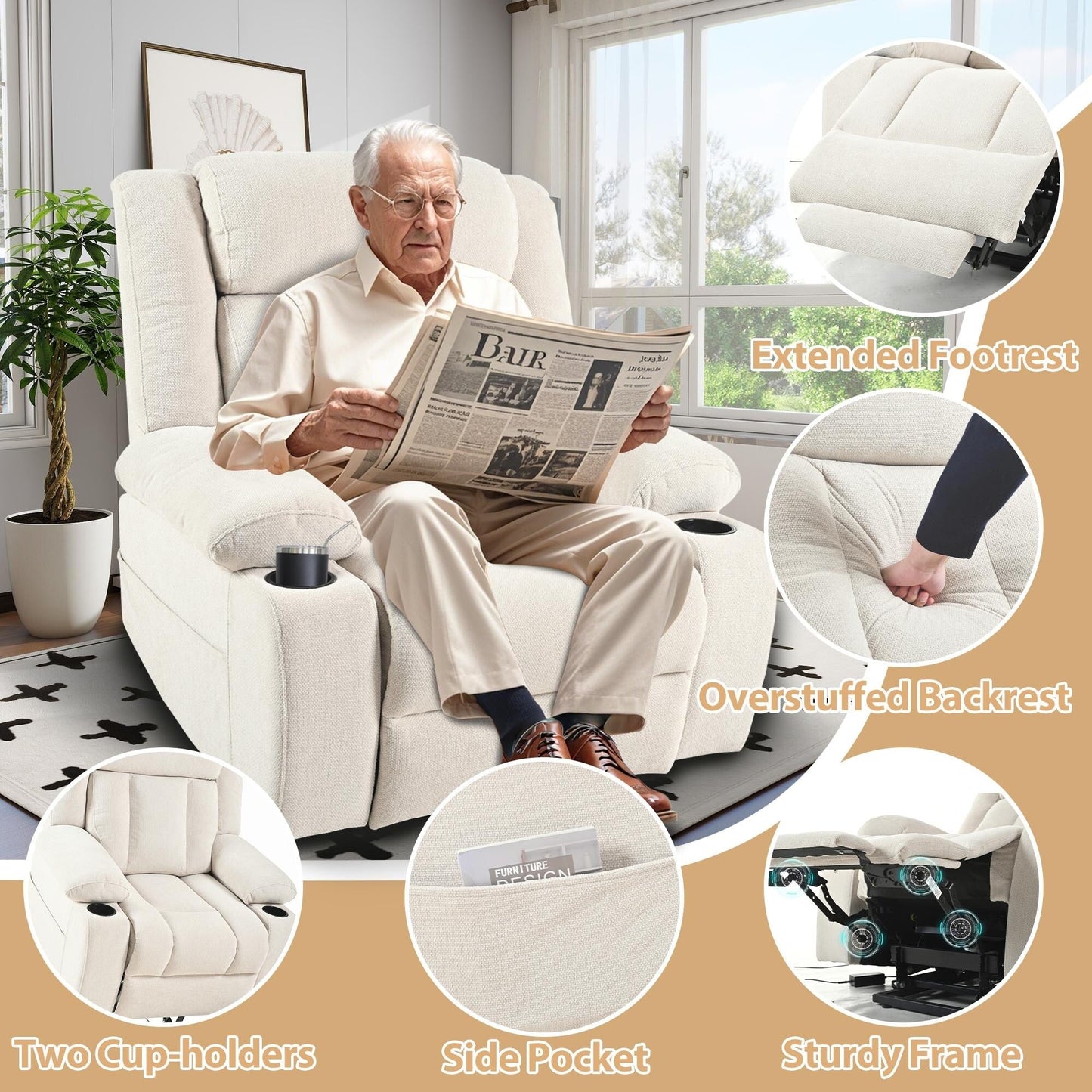 Fauteuil releveur électrique pour personnes âgées, fauteuil releveur en tissu avec repose-pieds allongé, 2 porte-gobelets, poches latérales et télécommande.