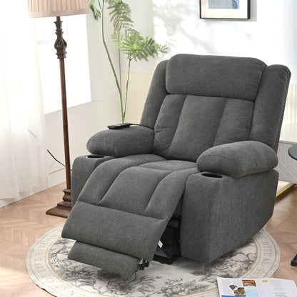 Fauteuil releveur électrique pour personnes âgées, fauteuil releveur en tissu avec repose-pieds allongé, 2 porte-gobelets, poches latérales et télécommande.