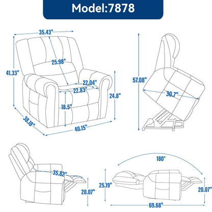 Fauteuil inclinable électrique avec relevage et massage thermique, double moteur, cuir, mécanisme de mouvement robuste avec ports USB