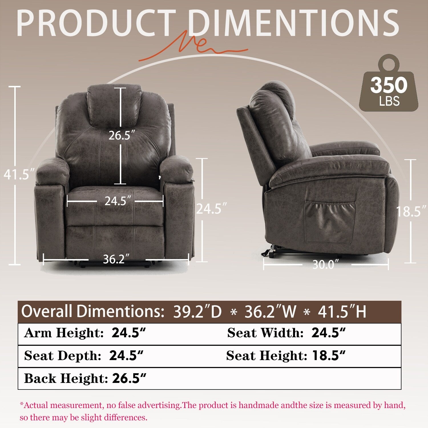 Fauteuil inclinable électrique rembourré, large et massant, mécanisme d'inclinaison robuste et sécurisé avec poches latérales
