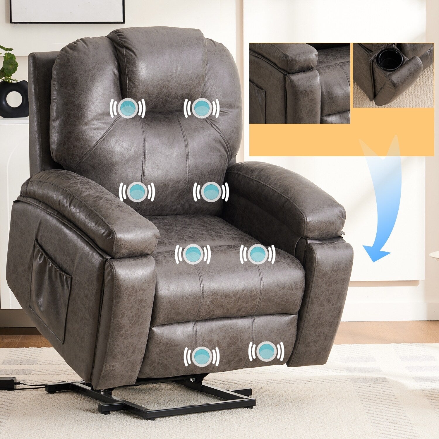 Fauteuil inclinable électrique rembourré, large et massant, mécanisme d'inclinaison robuste et sécurisé avec poches latérales