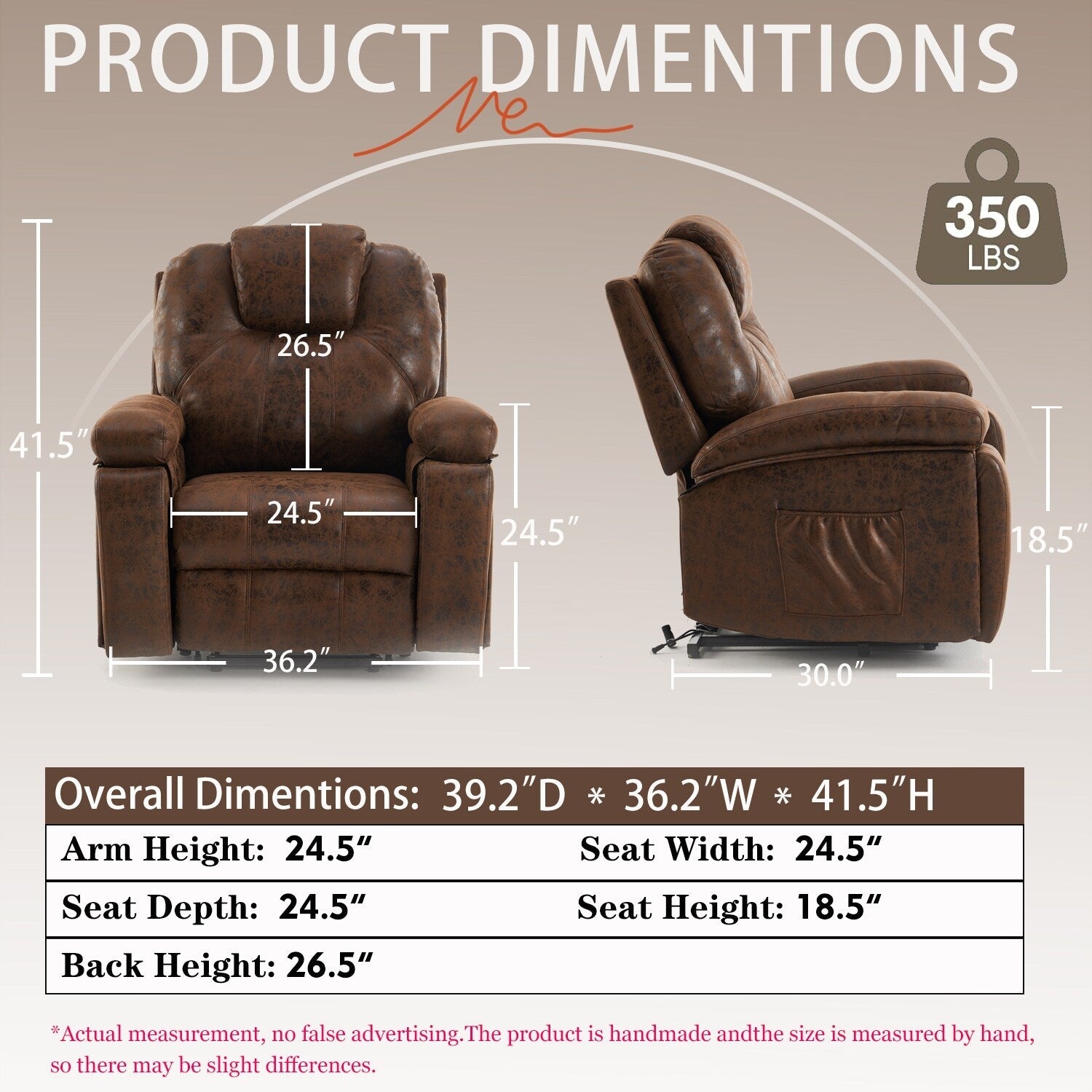 Fauteuil inclinable électrique rembourré, large et massant, mécanisme d'inclinaison robuste et sécurisé avec poches latérales