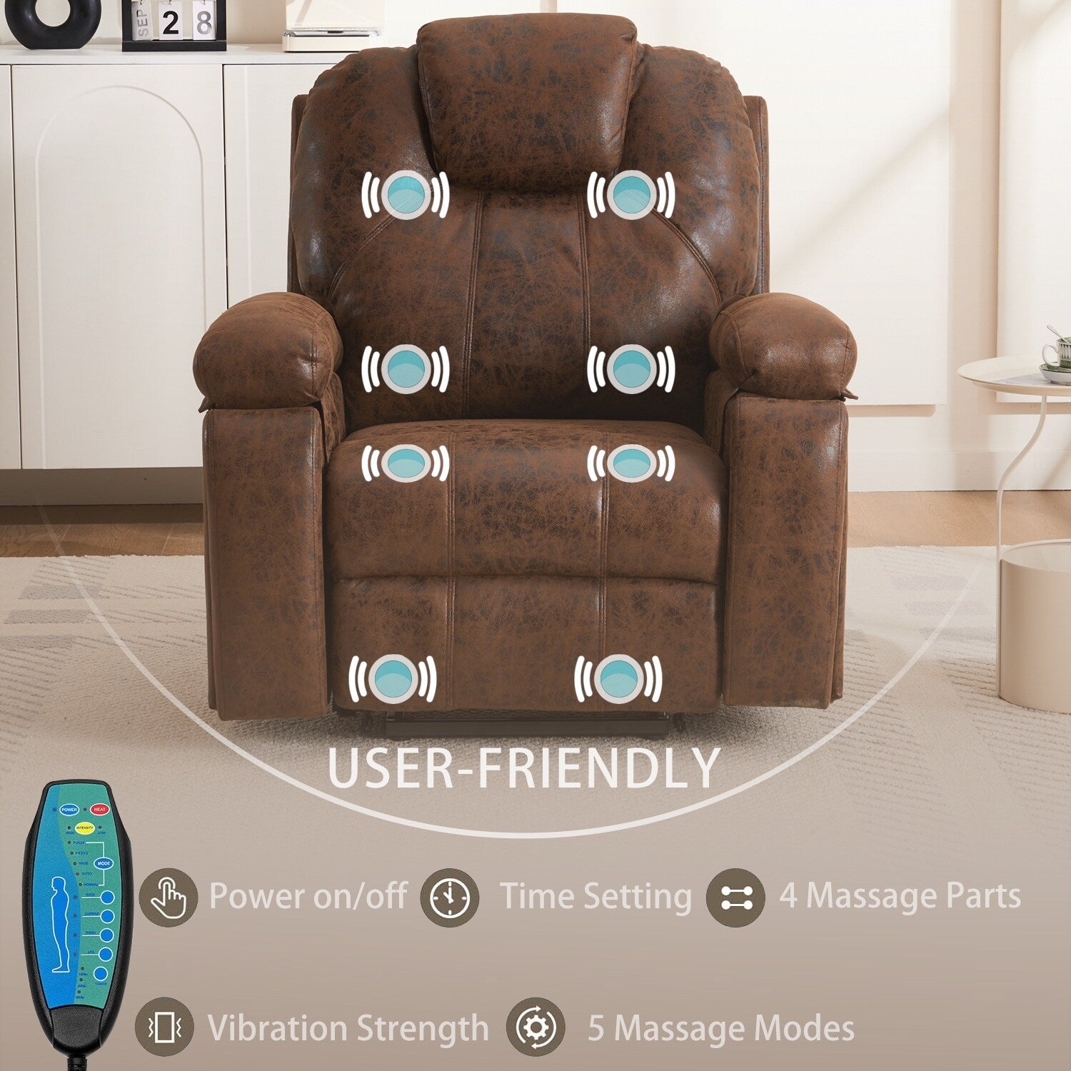 Fauteuil inclinable électrique rembourré, large et massant, mécanisme d'inclinaison robuste et sécurisé avec poches latérales