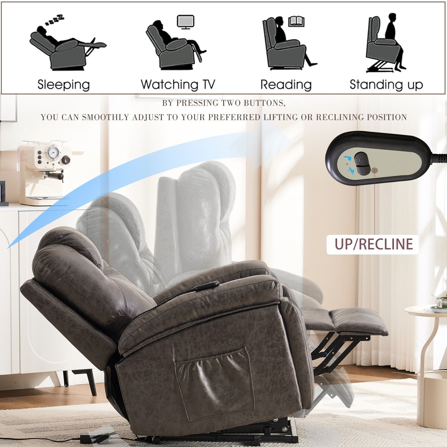 Fauteuil inclinable électrique rembourré, large et massant, mécanisme d'inclinaison robuste et sécurisé avec poches latérales