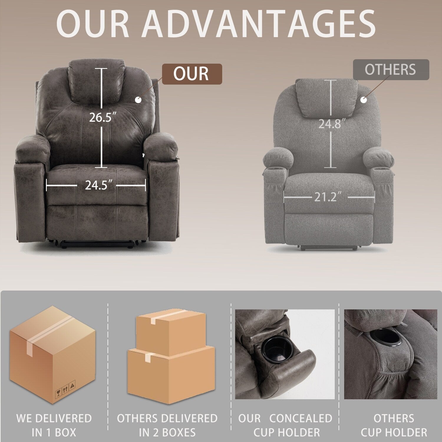 Fauteuil inclinable électrique rembourré, large et massant, mécanisme d'inclinaison robuste et sécurisé avec poches latérales