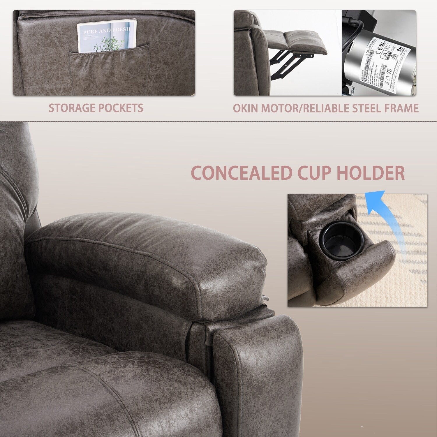 Fauteuil inclinable électrique rembourré, large et massant, mécanisme d'inclinaison robuste et sécurisé avec poches latérales