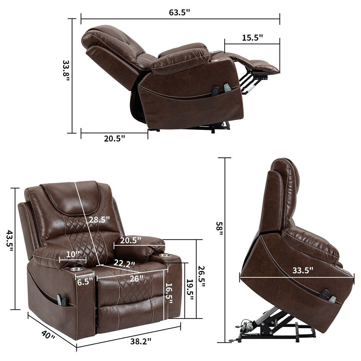 Fauteuil inclinable électrique en cuir PU avec massage et chauffage pour personnes âgées