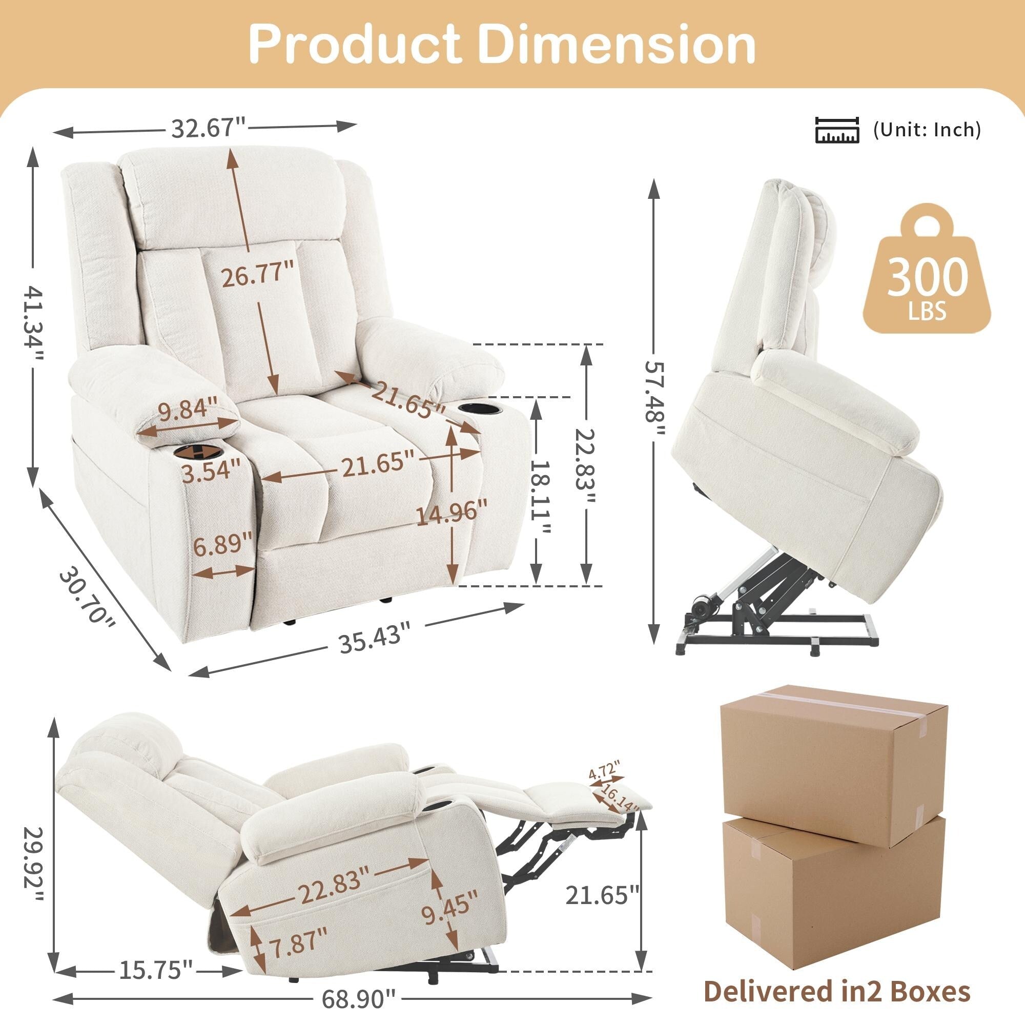 Fauteuil releveur électrique pour personnes âgées, fauteuil releveur en tissu avec repose-pieds allongé, 2 porte-gobelets, poches latérales et télécommande.