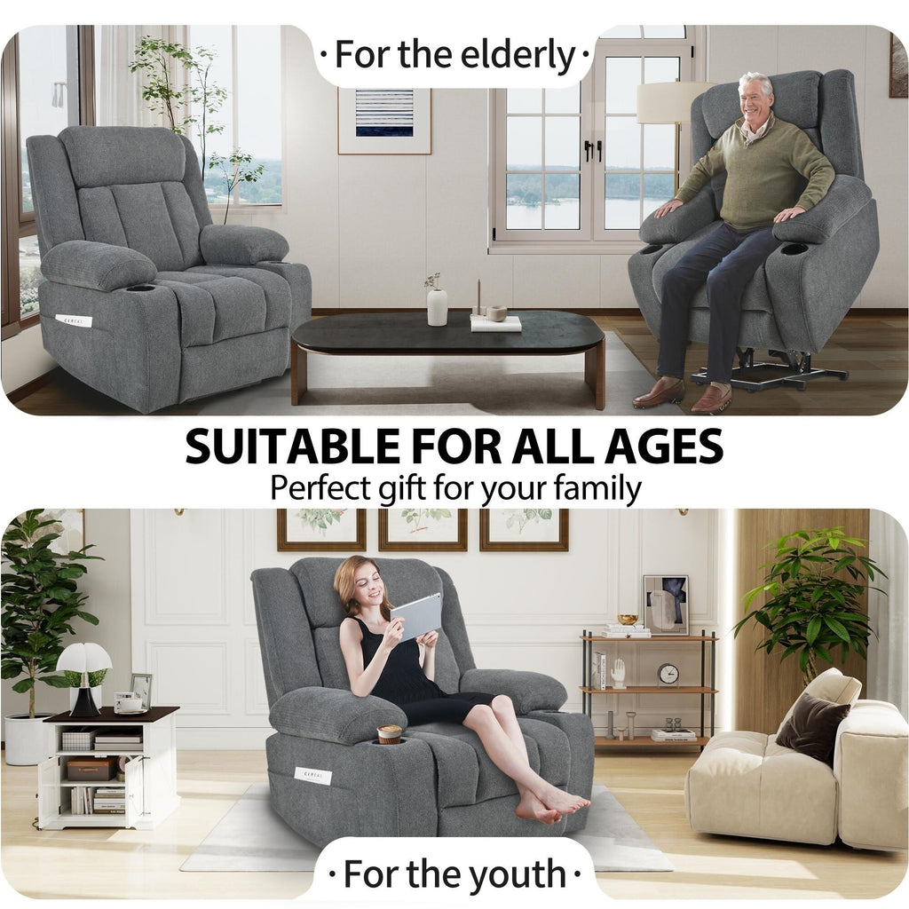 Fauteuil releveur électrique pour personnes âgées, fauteuil releveur en tissu avec repose-pieds allongé, 2 porte-gobelets, poches latérales et télécommande.