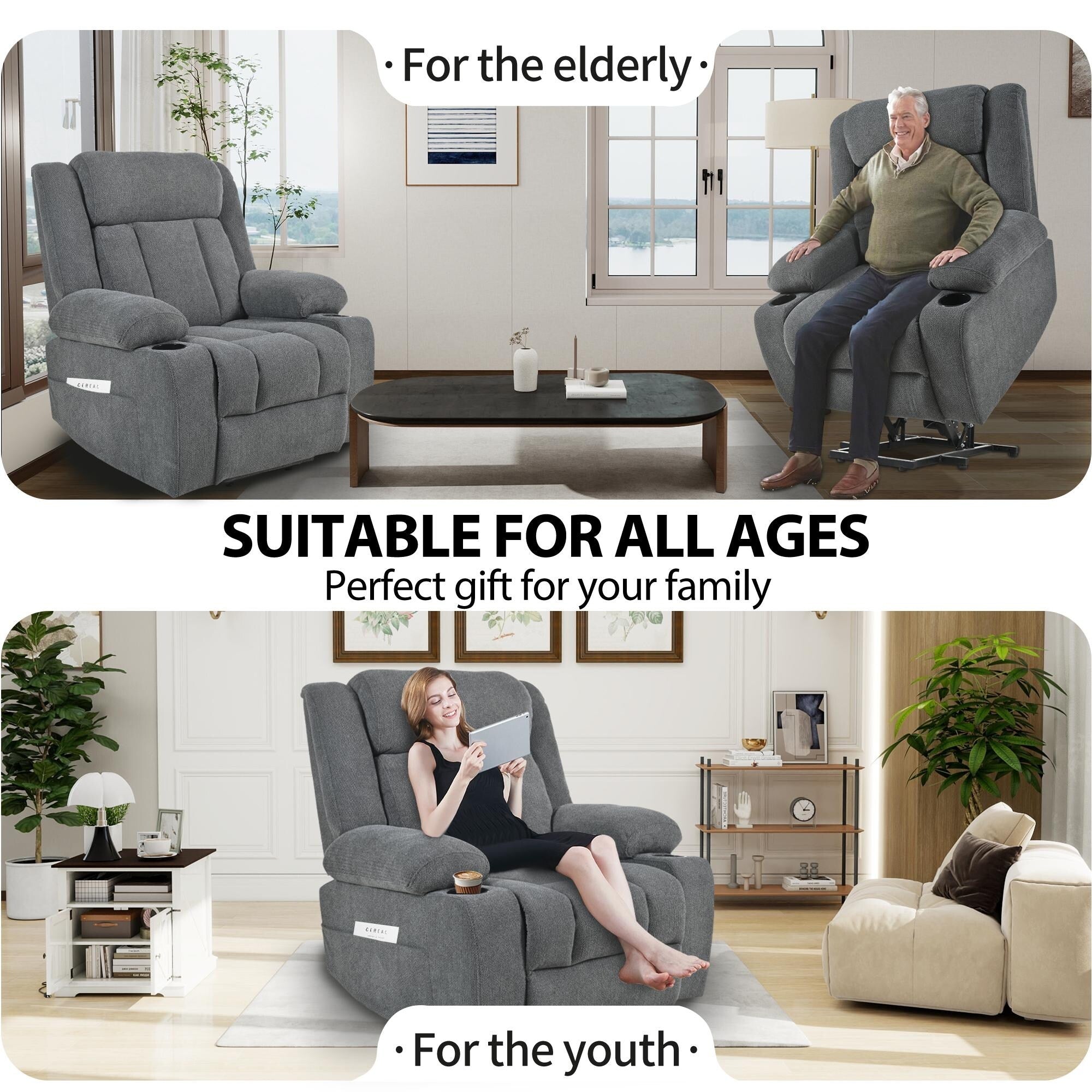 Fauteuil releveur électrique pour personnes âgées, fauteuil releveur en tissu avec repose-pieds allongé, 2 porte-gobelets, poches latérales et télécommande.