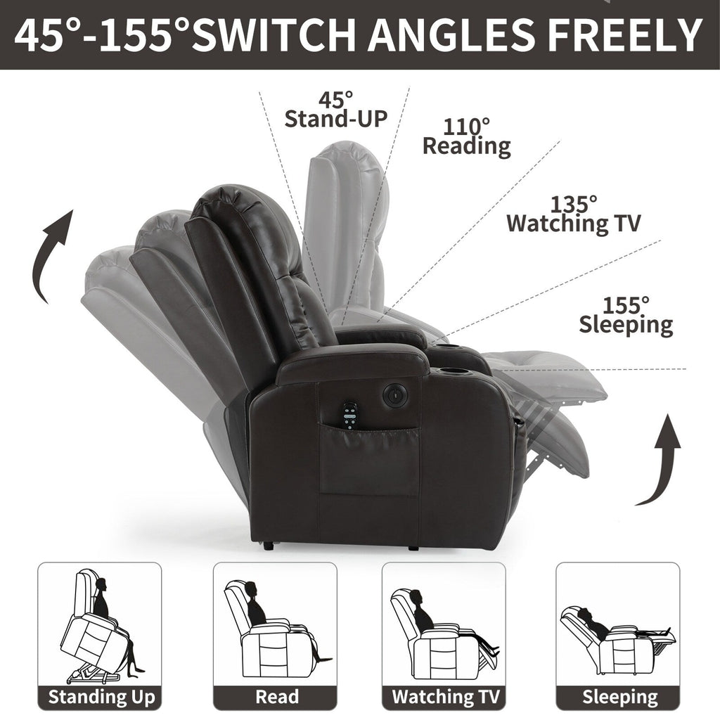 Fauteuil inclinable électrique avec massage en 8 points, chauffage lombaire, chargement USB, porte-gobelets et mécanisme robuste