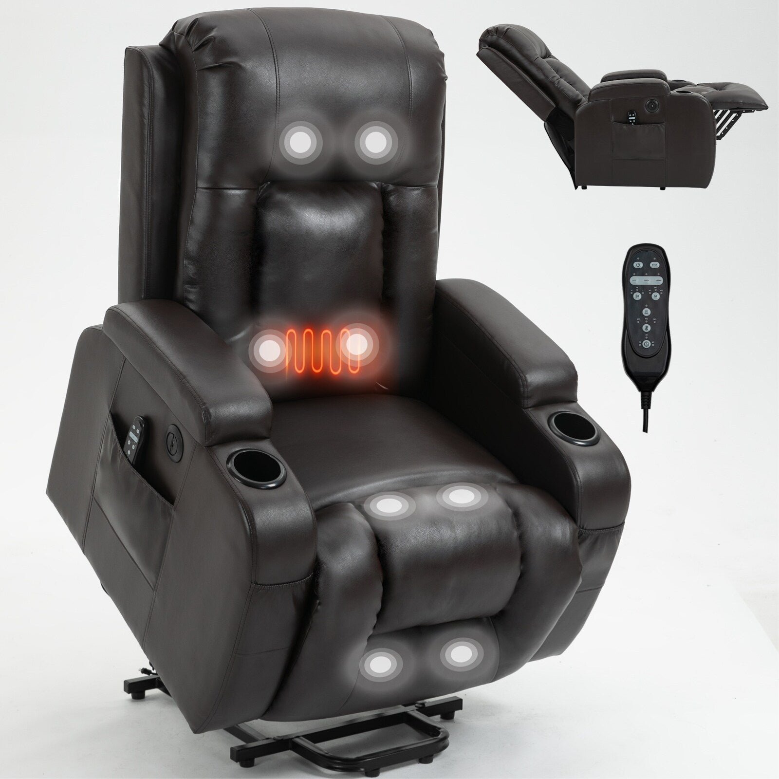 Fauteuil inclinable électrique avec massage en 8 points, chauffage lombaire, chargement USB, porte-gobelets et mécanisme robuste