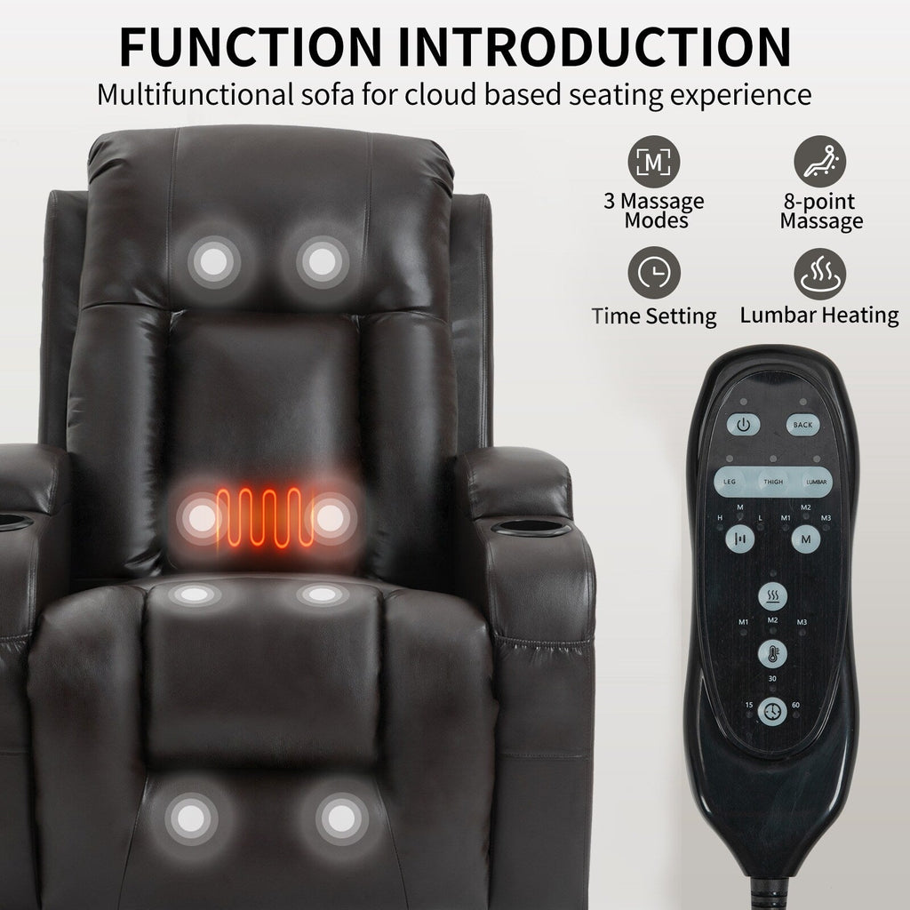 Fauteuil inclinable électrique avec massage en 8 points, chauffage lombaire, chargement USB, porte-gobelets et mécanisme robuste