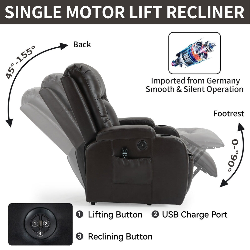 Fauteuil inclinable électrique avec massage en 8 points, chauffage lombaire, chargement USB, porte-gobelets et mécanisme robuste