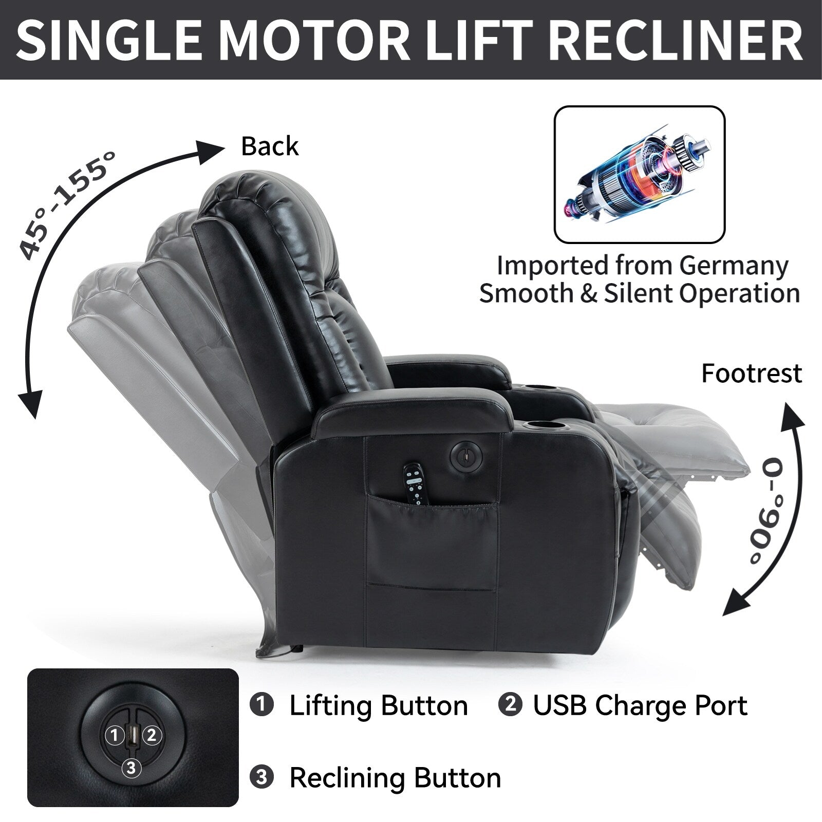 Fauteuil inclinable électrique avec massage en 8 points, chauffage lombaire, chargement USB, porte-gobelets et mécanisme robuste