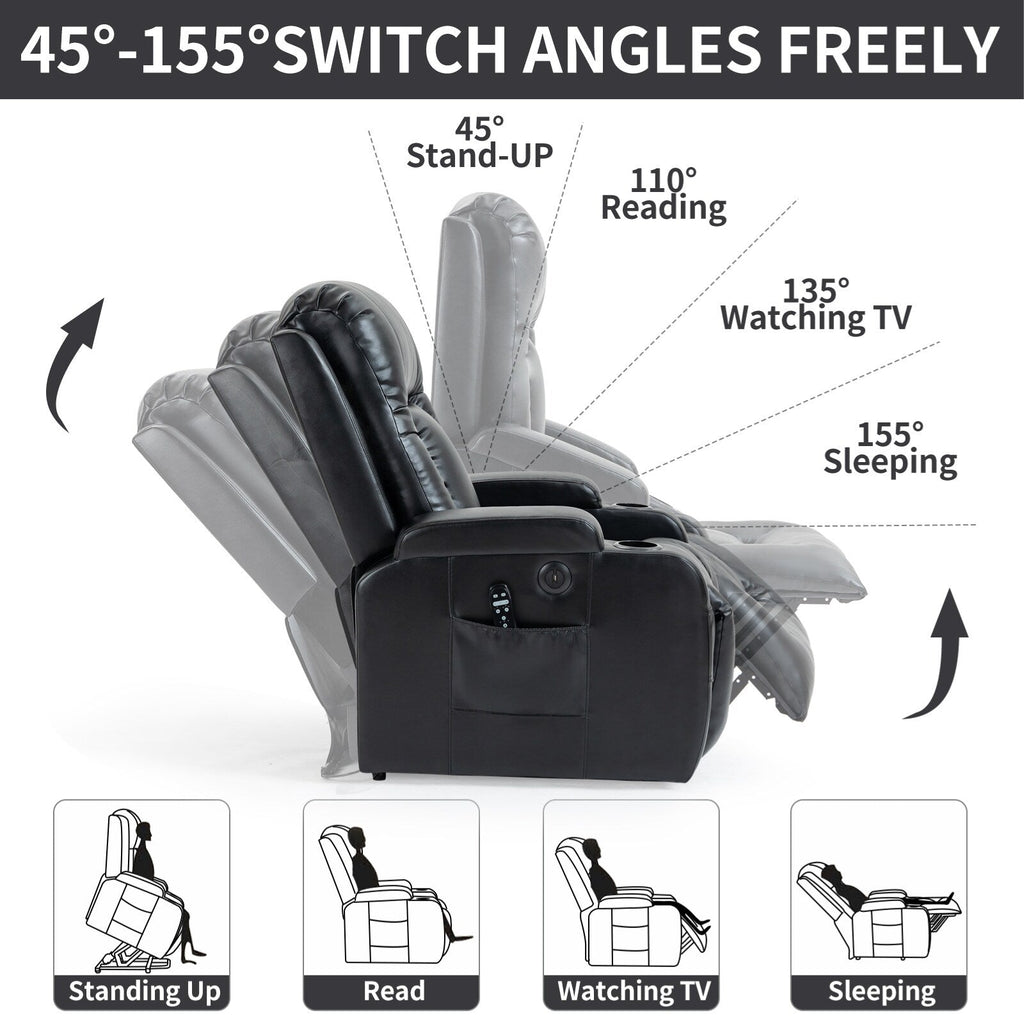 Fauteuil inclinable électrique avec massage en 8 points, chauffage lombaire, chargement USB, porte-gobelets et mécanisme robuste