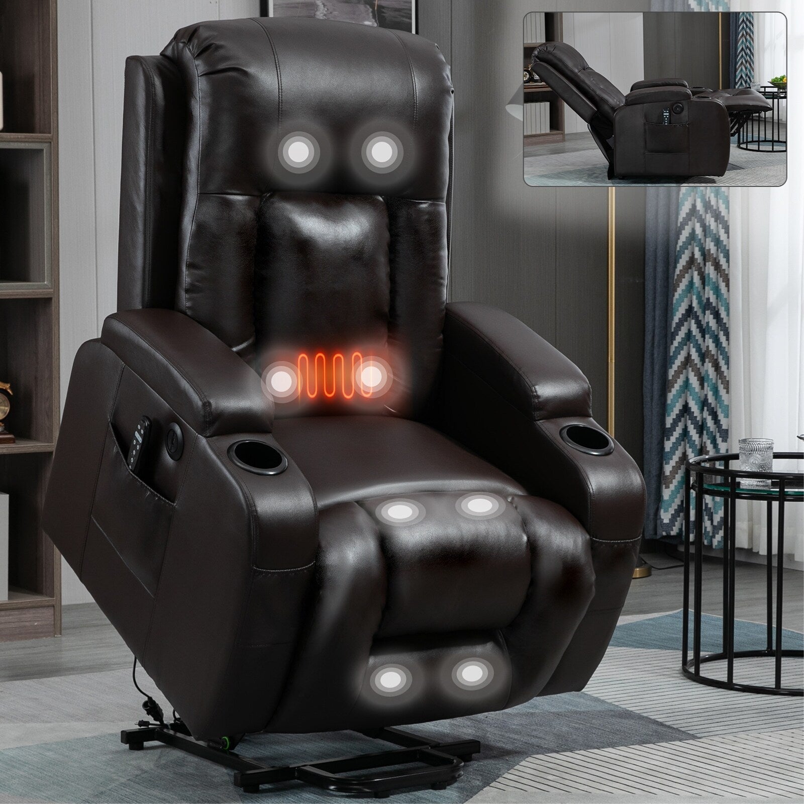 Fauteuil inclinable électrique avec massage en 8 points, chauffage lombaire, chargement USB, porte-gobelets et mécanisme robuste
