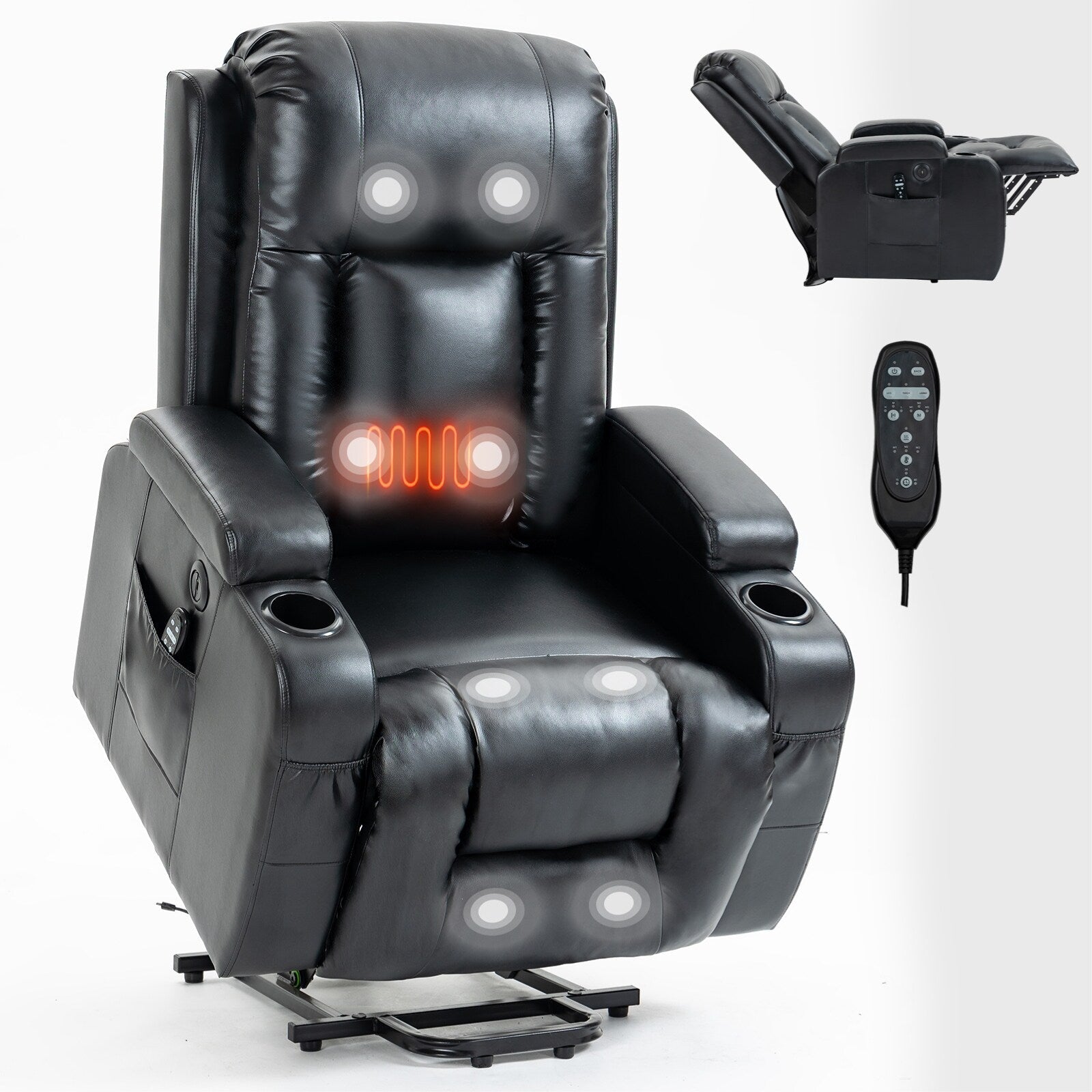Fauteuil inclinable électrique avec massage en 8 points, chauffage lombaire, chargement USB, porte-gobelets et mécanisme robuste